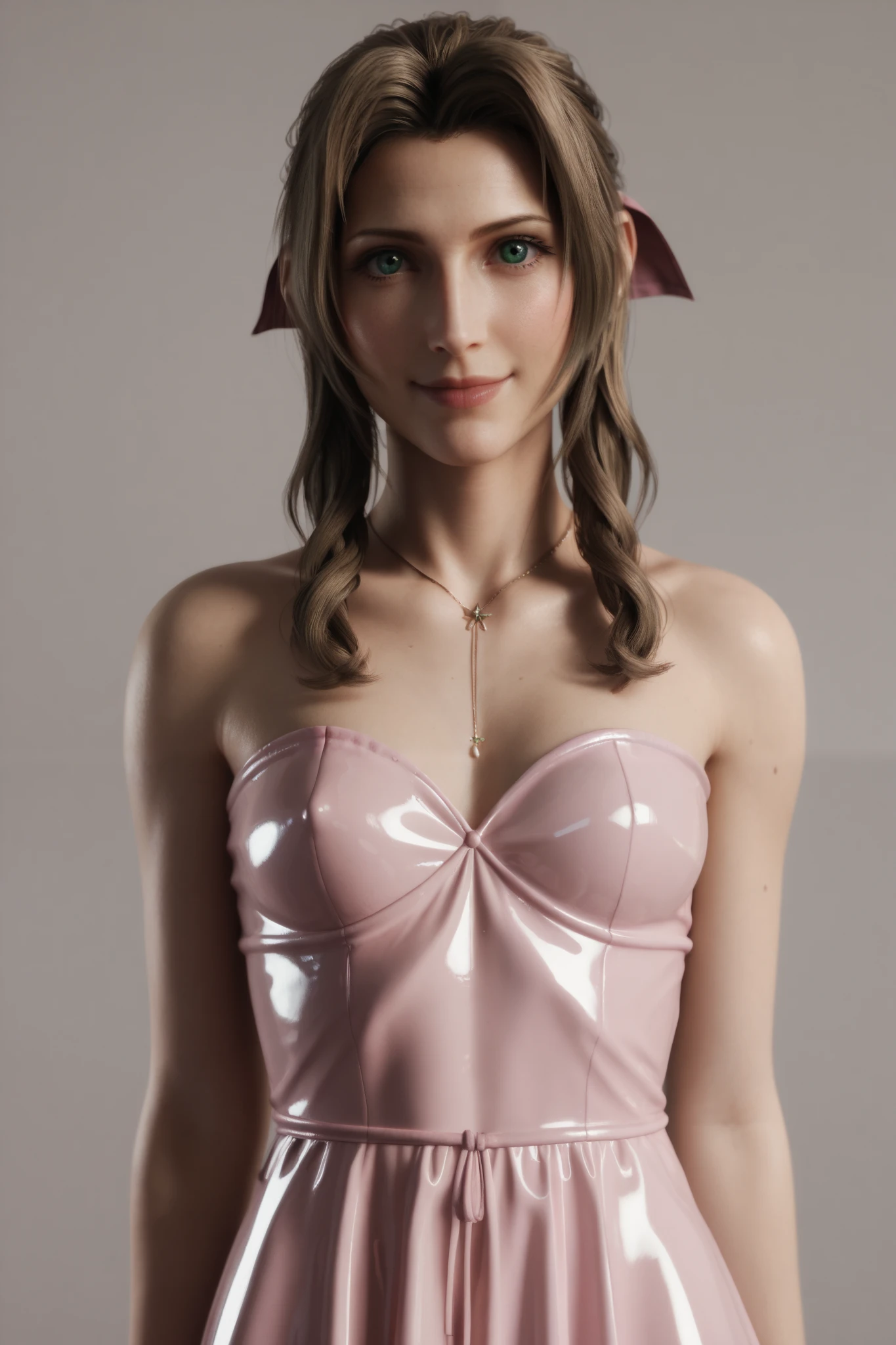 score_9,score_8_up,score_7_up, score_6_up, (aerith Gainsborough),, brown hair, green eyes, (small perky breasts), pink latex dress, shiny dress, slit in the side of the dress, looking at the viewer, Expressiveh, ff7 remake style, final fantasy 7 style, cowboy shot, ffvii, solo, (view from front), smile, bandeau, dress,