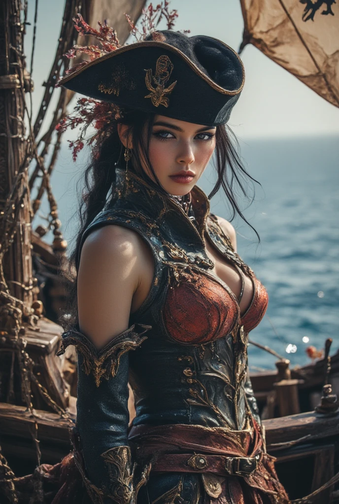 Gorgeous pirate girl on a pirate ship at sea, sexy girl, short curly dark blonde hair, oily skin, sexy masterpiece, best quality, highest quality, high definition, highly detailed, 8K, athletic and fit body, naughty, perfect hands, detailed hands, perfect eyes, detailed eyes, flirty, sexy, realistic, HDR, UHD, dynamic, large boobs, cleavage, intricate details, skimpy pirate clothes, piercing blue eyes, bright aqua blue eyes