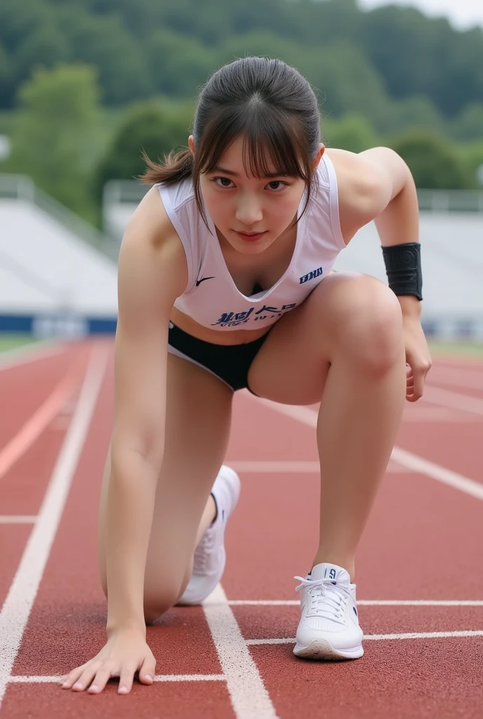 Olympic women's long jump, photographed jumping from the front, face enhancement, serious look, sweat, sense of speed, sense of sprinting, dynamic movement, running, competition, masterpiece