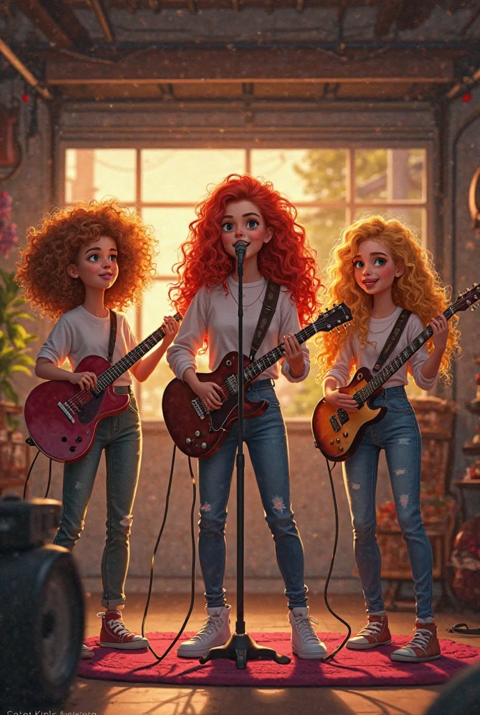 CHILD girl with red hair holding a guitar and a red cup, elegant, taken in early 2020, profile picture, profile picture, with curly red hair.