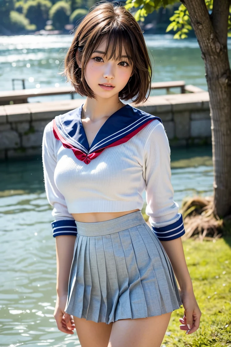 (masterpiece:1.2, highest quality), (Realistic, photoRealistic:1.4), Beautiful illustrations, (Natural Side Lighting, Cinema Lighting), , 
(View your viewers), 1 girl, Japanese, high school girl, Perfect Face, Cute and symmetrical face, Shiny skin, , 
(short hair:1.5, Pixie Cut:1.4, Blonde), Pin your bangs back, Red eyes, Long Eyelashes, (Large Breasts:0.6, Thick thighs), 
Beautiful Hair, Beautiful Face, Beautiful fine details, Beautiful clavicle, Beautiful body, Beautiful breasts, Beautiful thighs, Beautiful feet, 
((Detailed cloth texture, Cute short-sleeved sailor uniform, Pleated skirt, Sailor collar, Sailor scarf, socks, Brown Loafers)), 
(Beautiful views), Daytime, River side, (Look forward), (Annoyed expression, Blushing, Embarrassed expression), (((Pulling on skirt, Wind lift))), 