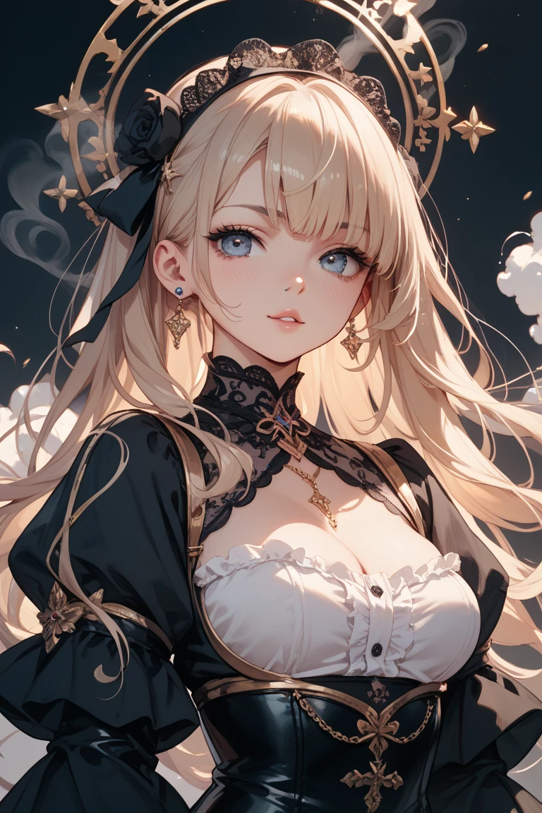 masterpiece, Highest quality, Highest quality, Official Art, beautifully、aesthetic:1.2), (1 girl), Very detailed,(Fractal Art:1.3),colorful,Most detailed,Blonde long hair,blue eyes,Moonlit Night,Rose,Big Tits