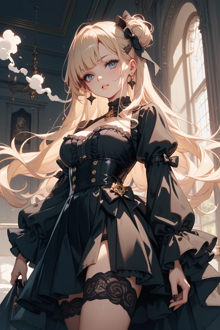 ((highest quality)),(ultra high resolution),(Super detailed),(detailed description),((best CG)),(best work of art),super precision art, great drawing art,(Art with precise details:1.5), (1 woman:1.5), beautiful and well-shaped face:1.5,(Beautiful skin with precise and detailed depiction:1.6),(Very precisely depicted French Maid outfit),provocative angle:1.6,gorgeous, masterpiece, best quality, high-resolution, finely detailed, extremely detailed and beautiful, distinct-image, 1 girl, solo, White French Maid Uniform, beautiful young teenage girl, 13 years old, pearly white skin, Blonde braided ponytail hair, adorable and cute facial features, golden-brown colored eyes, Black sheer stockings plump thick lips, tiny breasts, slender and slim toned body type, tall height(180cm), small narrow waist, wide curvy hips, plump large round ass, full body picture, cat-ears, cat tail