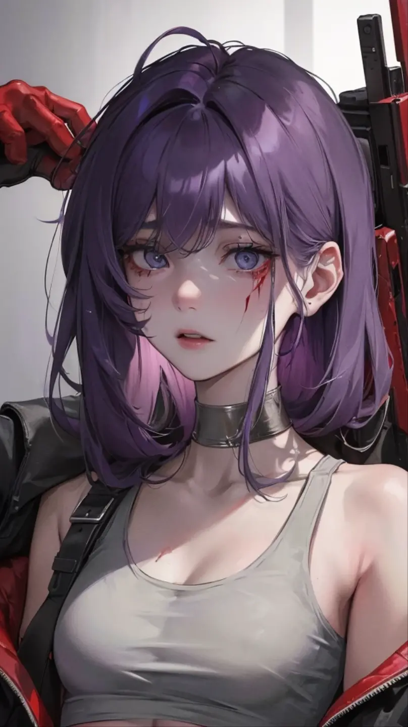 Cool women、sexy、Center of chest、Rize from Chainsaw Man、beauty、yandere、Sword in hand、Face close-up、Licking a knife、