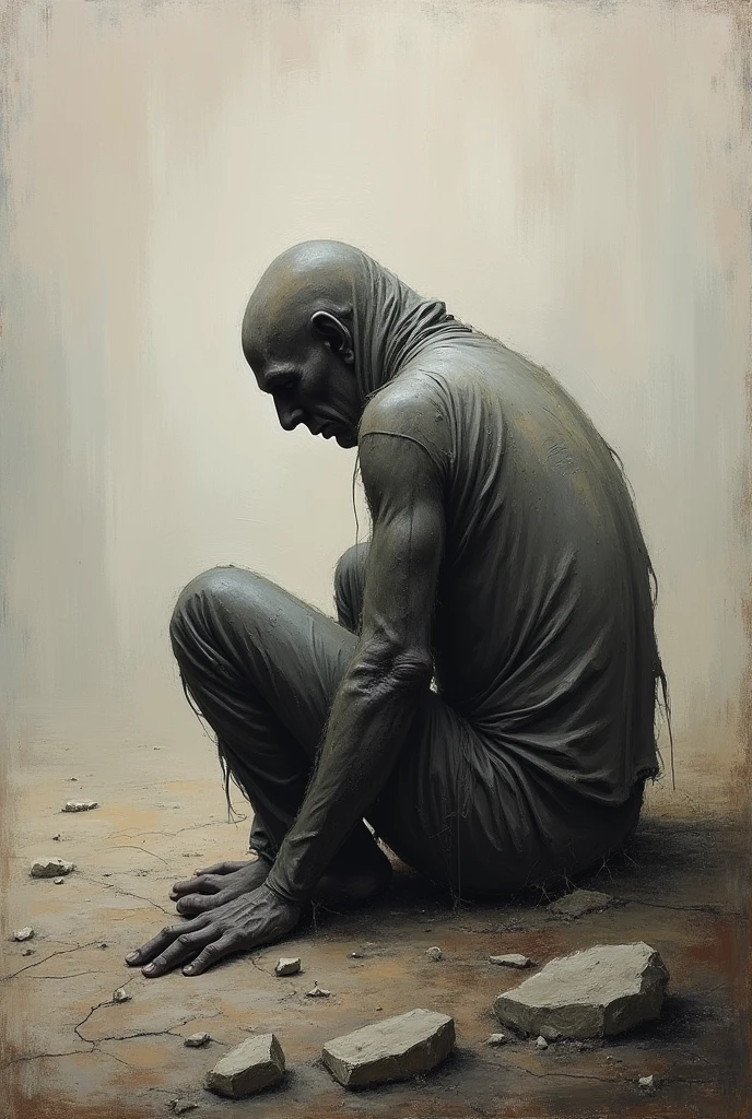 Weak and thin man sitting with head down in black and white