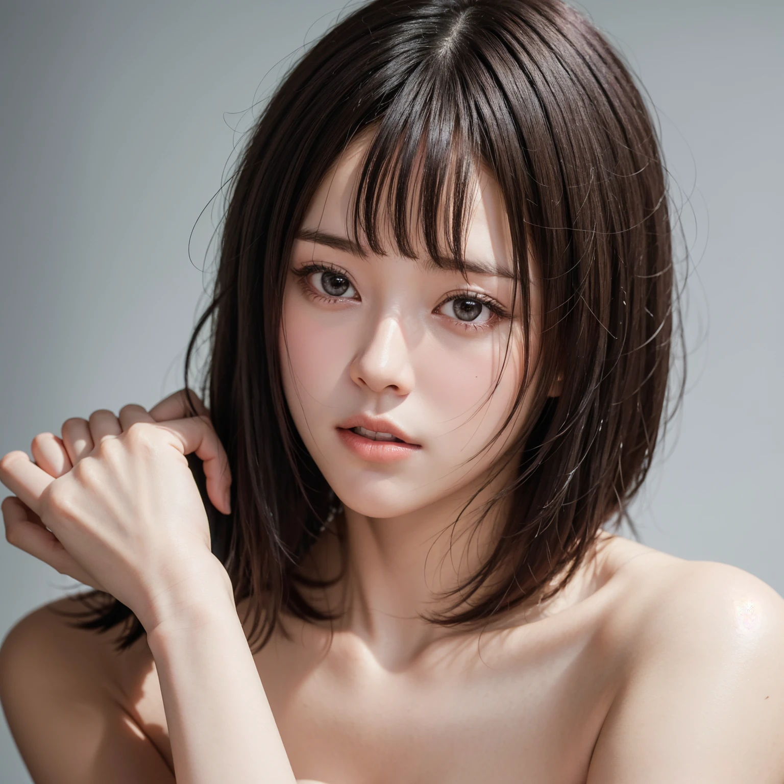 ((vivid, Realistic: 1.5), (high resolution)(8K quality)No background: 1.0, Beautiful 17 year old Japanese girl: 1.2, Light Gray Background: 1.2, Breast augmentation: 1.3, cute: 1.2,Follow me((Clench your teeth、Add your finger、Look at me、Drooling)):1.5, A little short hair: 1.2, Black Hair: 1.0, Small face: 1.1, Straight hair: 1.1, Miniskirt flips up:1.2、Dress shirt:1.2,Emphasizing her beautiful legs, she spreads them open:1.2、Fluid overflowing from panties:1.1. Your cheeks are red;1.0