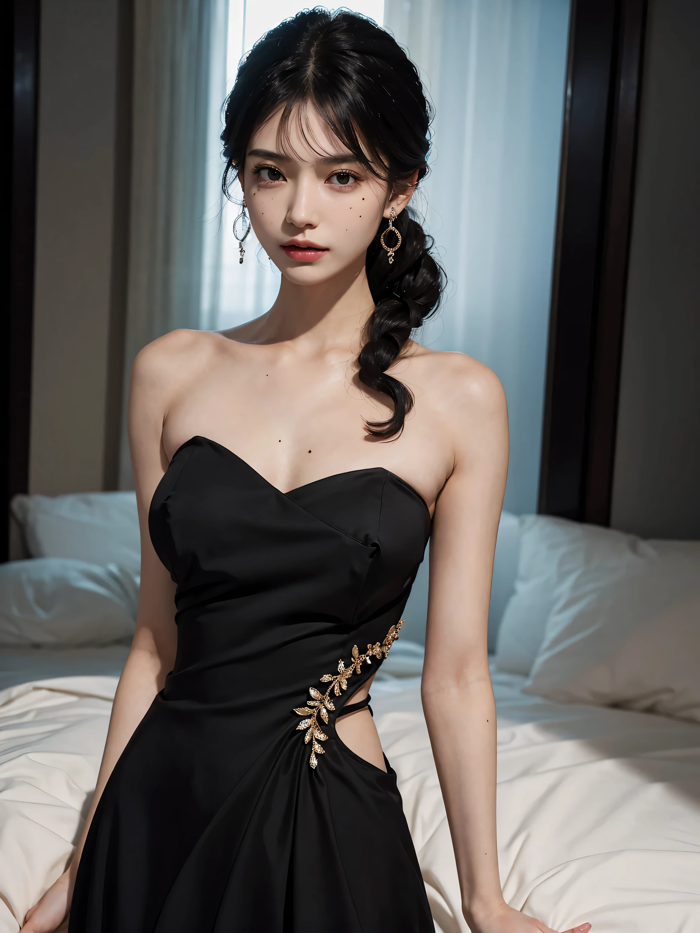 (top-quality、in 8K、masterpiece)、(The best illustrations)、extremely delicate and beautiful、Unity、Amazingly fine detail、超A high resolution、extra detailed face、Superbly detailed eyes、(photo realistic1.3)、Realistic facial proportions、Beautuful Women、独奏、Colossal tits:1.3、cleavage of the breast、Slimed:1.2、smiling at the viewer、bobhair、(makeups:0.2)、Luxurious black dress、Gold ornament、(Best Shadows:1.1)、(bokeh dof:1.4)、cowboy shot、Royal Room、chandeliers