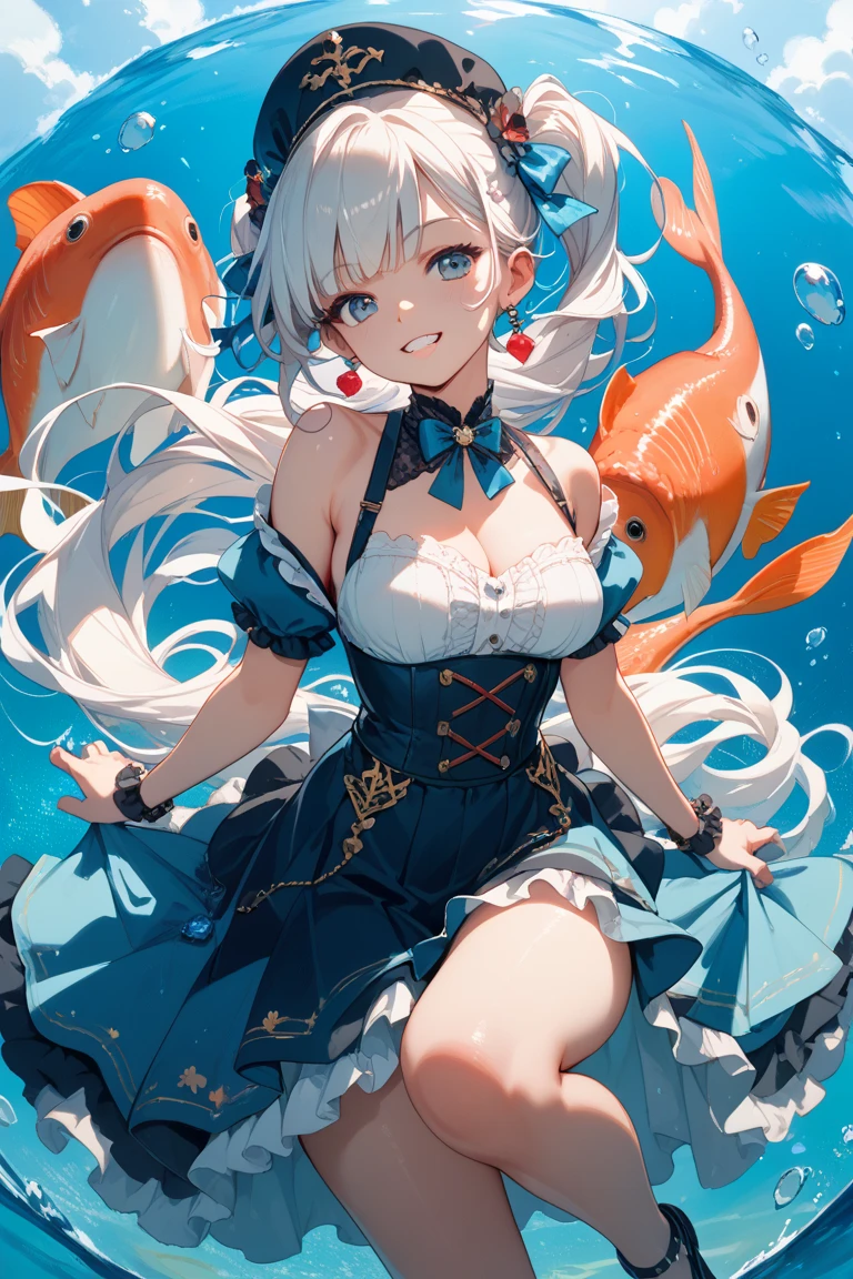 1girl, off-the-shoulder, earrings, goldfish, jewelry, cleavage, hanfu, belt, underwater, goldfish, white flowers, long skirt, red eyes, gaze, sitting position, headrest, white hair, collarbone, long hair