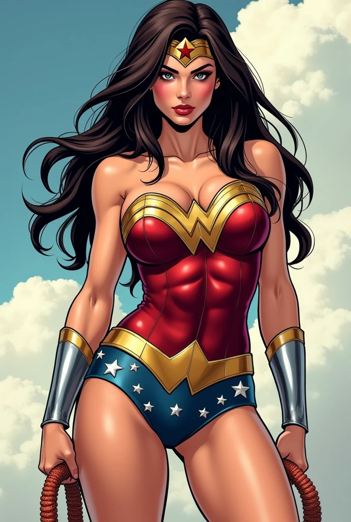 PhotoRealistic Art Style Best Qualit:1.3, Natural Beauty, Masterpiece, Full Body View Visible, Hailee Steinfeld, Perfectly Accurate Face Proportion,Realistic Light Hazel Brown Eyes, Thick Eyebrows, Brown hair, slim toned Thighs, tight ass, perky round breast , slim athletic body type, perfect body type, wonder woman, Regal Posture with Focus on Buttocks: Standing elegantly with one foot slightly in front of the other, the tight suit clings to Wonder Woman’s body, highlighting the curves of her hips and the shape of her buttocks. The suit's fit emphasizes her graceful yet powerful form, with the smooth lines accentuating her posture.