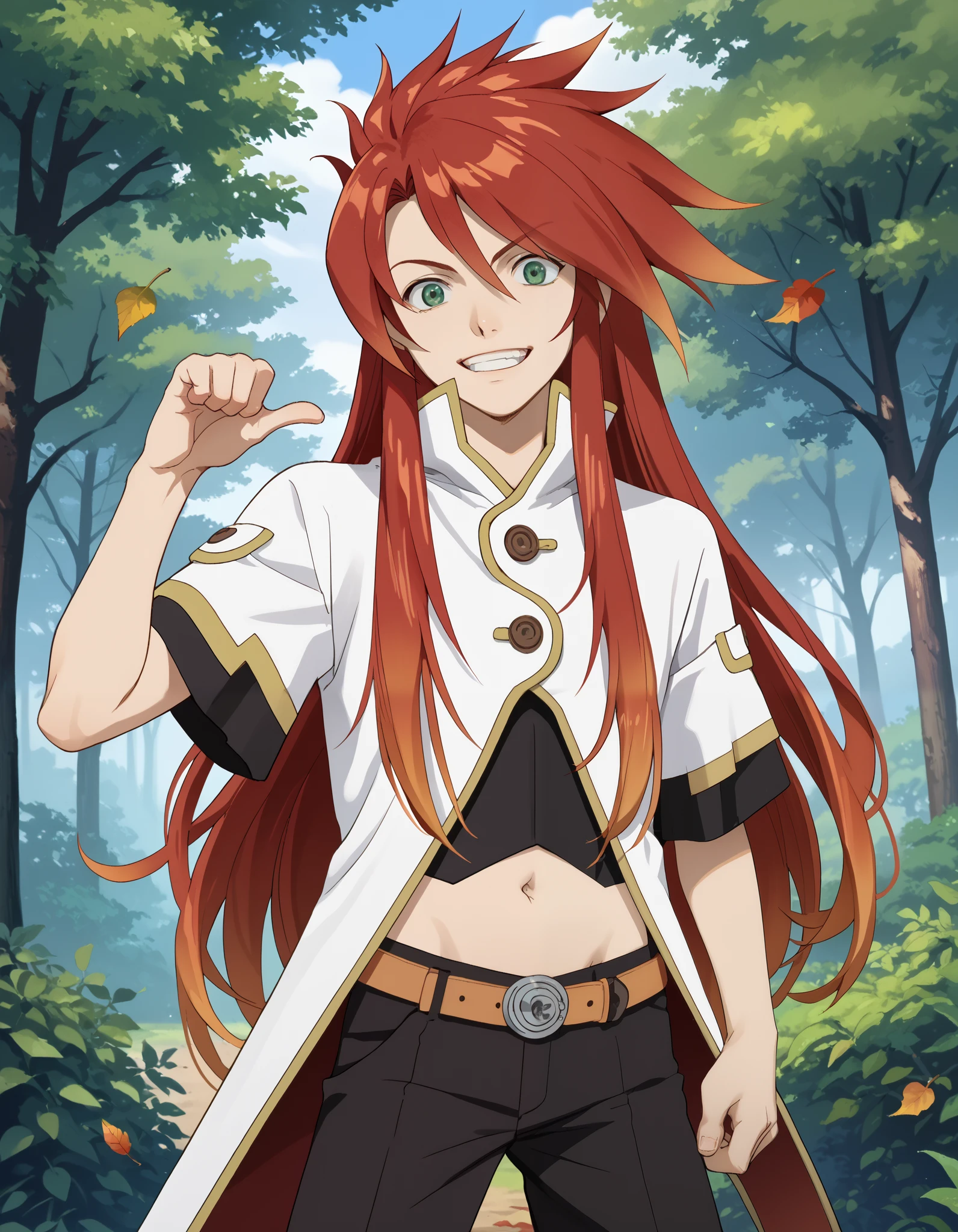 score_9, score_8_up, score_7_up, source_anime, solo, male focus, 1boy, lukefon, big eyes, red hair, long hair, orange hair tips, green eyes, smirk, teeth, shirt, black undershirt, coat, high collar, white coat, midriff, black pants, cowboy shot, leaves, trees, thumb pointing, pointing at self