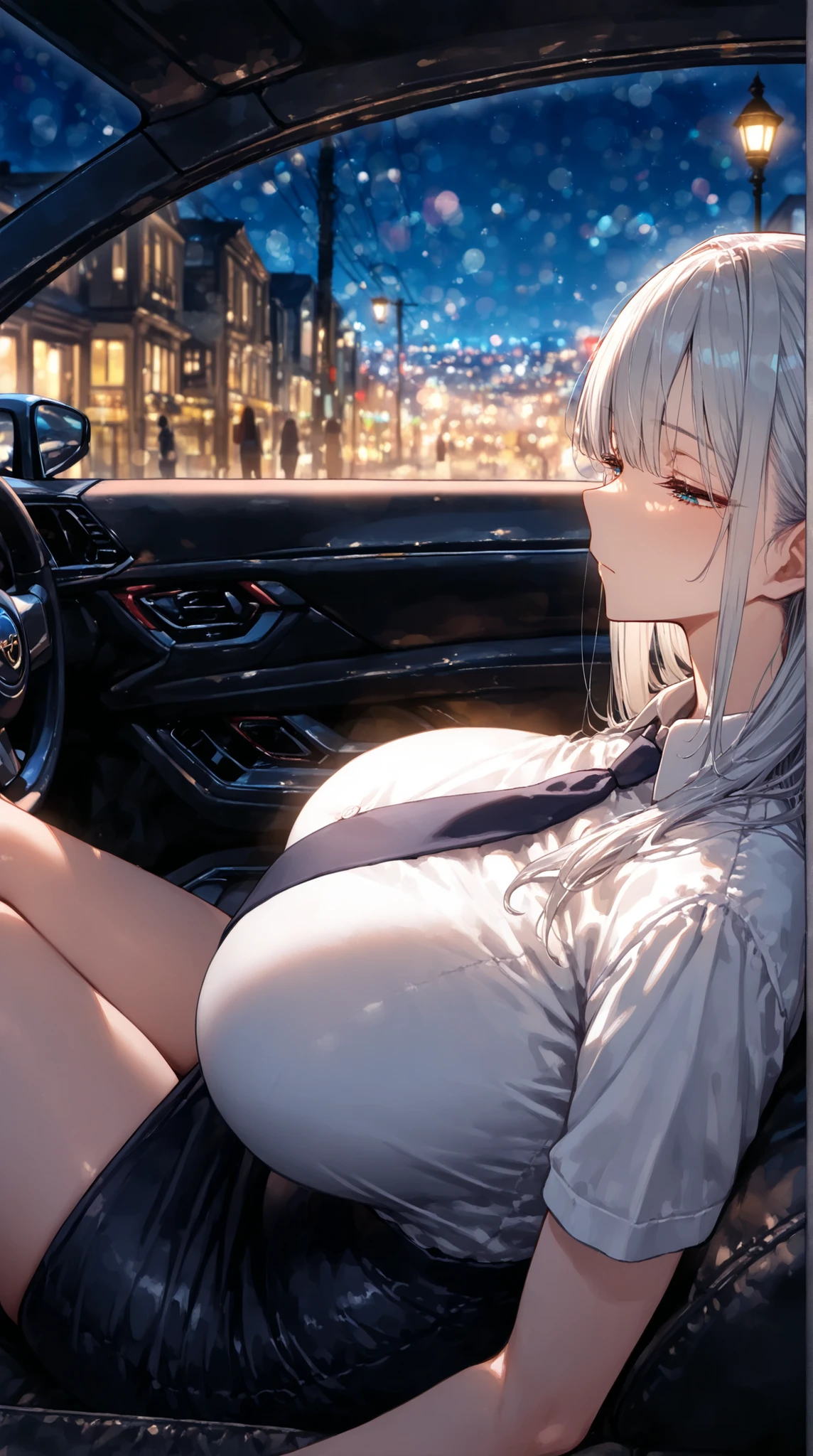 Girl, solo, Full Body, laying down, Long hair, white hair, Yellow eyes, closed mouth, eyes almost closing, breasts, big breasts, large breasts, big butt, white Button shirt, buttons popped out, black bikini, exposing your hands on your legs, in the car back seat