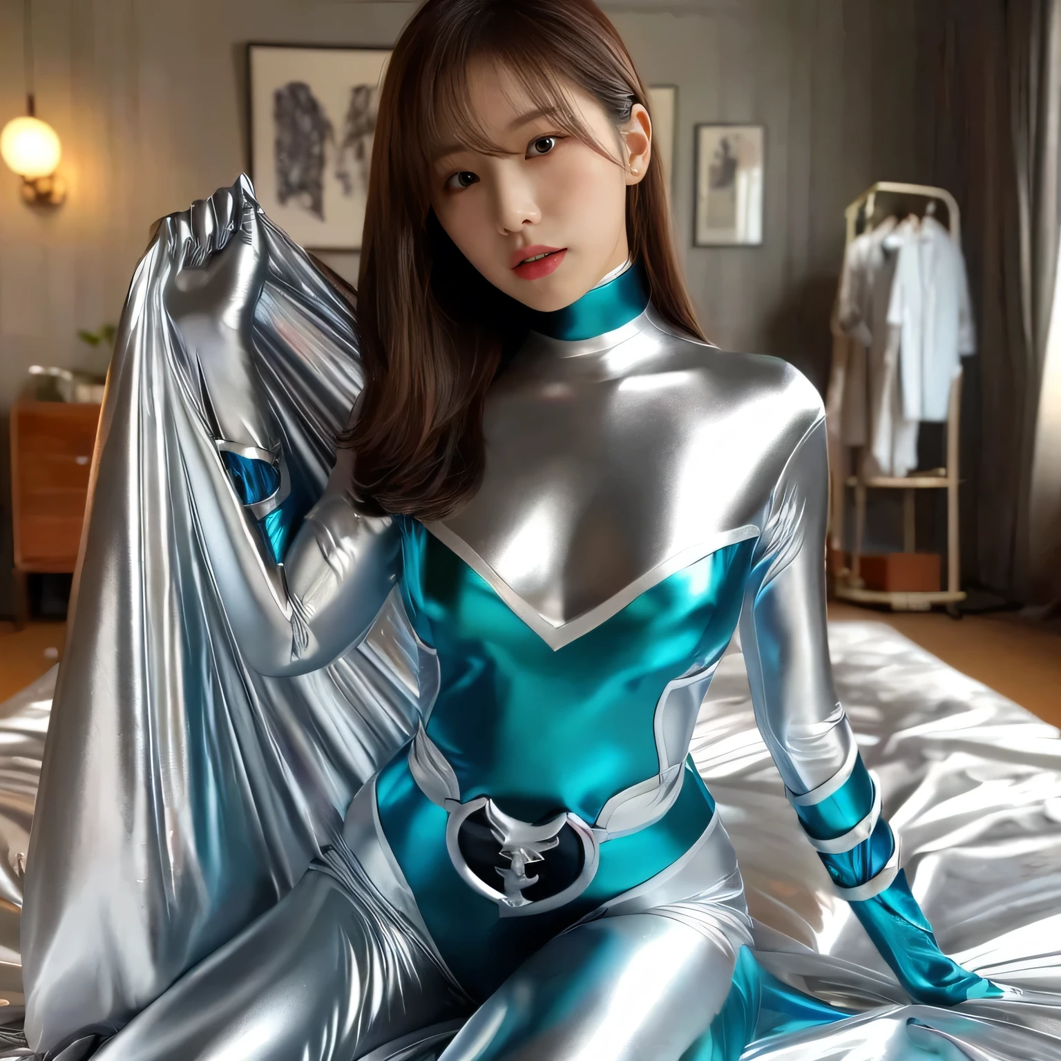 best image quality、Super high resolution、(realism:1.4)、Korean beauty star、The most beautiful KPOP star、horny face、Horny Korean makeup、erotic expression、A body that makes you want to touch it、erotic photos、((Realistic shiny satin fabric texture、High-gloss stretch satin fabric that is smooth and smooth to the touch.、The drape of the curved part of the shiny satin fabric、strong shiny costume、The smooth and beautiful quality and luster of the costumes、A shiny costume made of high-quality satin fabric with high density.、Smooth to the touch oil light liang ultra-class battleship skin coat COS、Super SentaiWomen&HeroineSuit、Texture of costumes that satin fetishists respond to、Thin, glossy stretch satin fabric)),8K photo quality