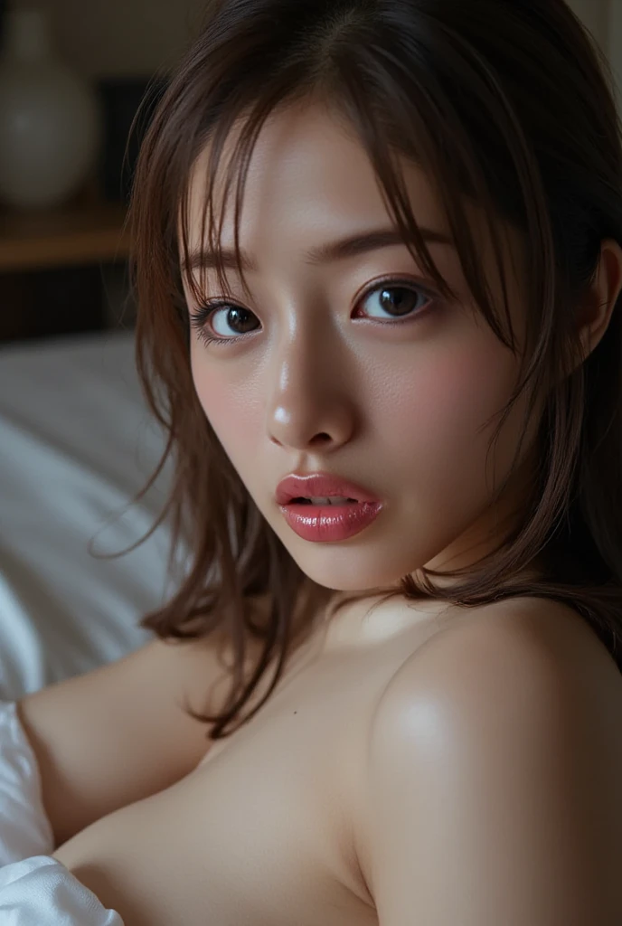 masterpiece, 1 woman per 1photo, full body shot, composition looking subject down from above, a Japanese young pretty woman, hyper pretty face, 18 years old, wearing a short sleeves shiny satin white shirt unbuttoned with white collared, busty, wet body, glossy lips, smile, glamorous figure, lying on her back with spreading legs on the silk bed, silk pillow, silk bed sheets, double eyelids in both eyes, natural makeup, long eyelashes, shiny smooth light brown hair, asymmetrical bangs, tanned skin, central image, 8K resolution, high detail, detailed hairstyle, detailed face, spectacular cinematic lighting, octane rendering, vibrant, hyper realistic, perfect limbs, perfect anatomy