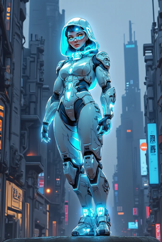 masterpiece,best quality,official art,extremely detailed CG unity 8k wallpaper,absurdres, incredibly absurdres, beautiful detailed girl, 1 girl, (full body), mecha, semi human, biomechanical cyborg, armor, breasts, mechanical_body, blue hair, cyberpunk,complex body poses
