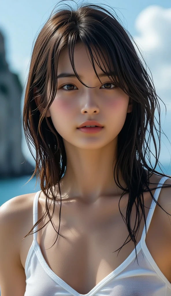 Hair blowing in the wind、Wet Skin、Wet Hair、Wet clothes、Sea at dusk,A cute girl with a face like a Japanese idol, (Cinema Lighting),(Natural light),(High level of artistry),(artistic),(Indistinguishable quality from the real thing),{{RAW Photos}},{{Genuine}},High resolution,masterpiece, beautiful, Handsome Tomboy, Looks like a salon model, Cool face, Neutral facial features, Swimwear, nsfw,