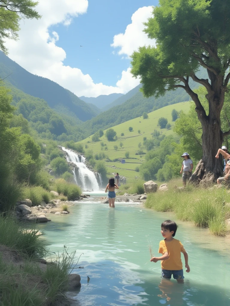 A boy is sitting under a tree in a beautiful hill topin front of him a beautiful waterfall falling down, com birboletas colorida, pássaros, agua cristalina