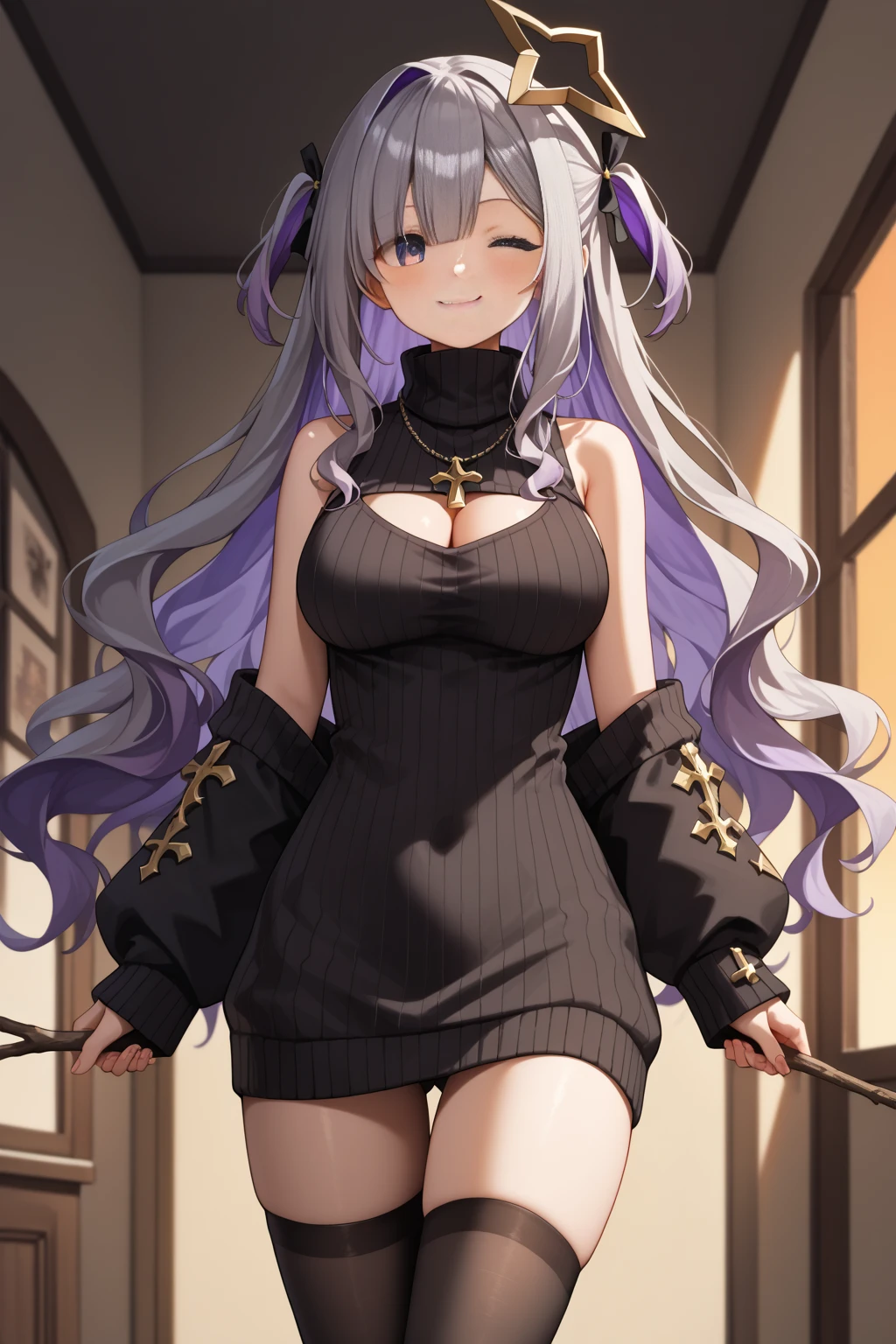 8k, highres, ultra detailed, (masterpiece:1.4), best quality, symmetrical body, adult woman, (Black night robe:1.4), choker, cute, solo, earrings, long hair, grey hair, green eyes, glow effect, finely eye detailed face, looking at viewer, teasing viewer, in the bedroom, angled view, big breasts, teasing smile, seductive look