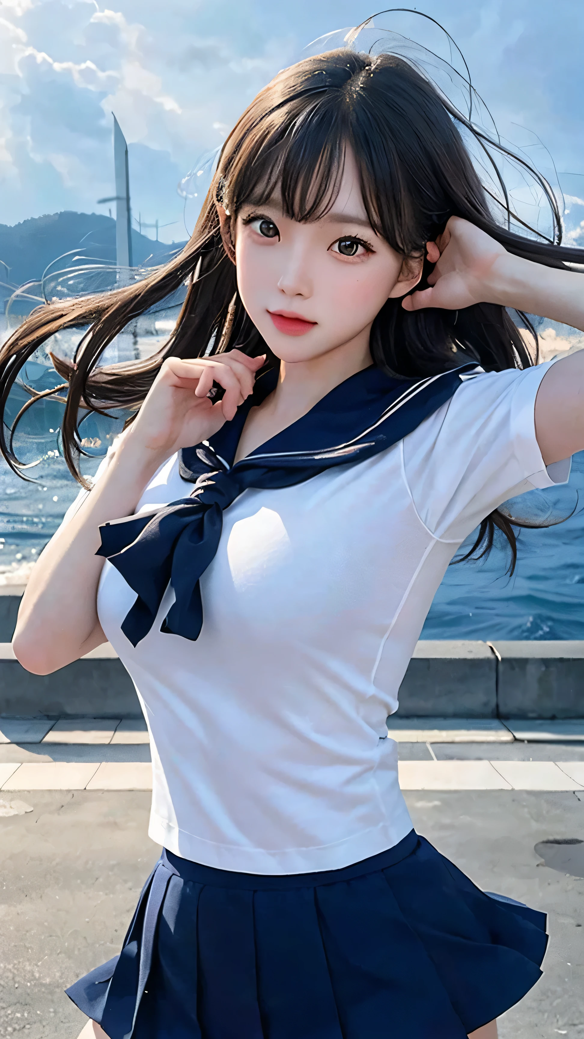 (((nsfw)))masutepiece, Best Quality),1girl in, Solo,Cowboy Shot, Cute face, kawaii, flustered, Wet shirt,White panties,Bra visible through clothes, School uniform,serafuku,Curl up in the style of a skirt, pants visible、steam,public, Outdoors, Summer,Blue sky, Rain, nice hand, (Looking away:1.2), (Looking Up, Facing up),From below ((Twin-tailed )) (((Happy smile))) 16 yo, Beautiful face