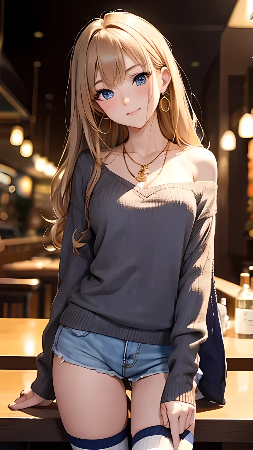 masterpiece, ultra high definition 、 of the best quality 、 Sexy Poses 、 Dim Night Bar Background 、 blondes、 I tie my hair at the back :1.2, blue eyes, smile、 tilt your neck 、 large gold earrings and necklace :1.5,、 Model Walks 、 with Sparkling Flowers 、 thin thighs 、 cowboy shooting from 16318、brown.plaid weaters、brown striped knee socks:1.8