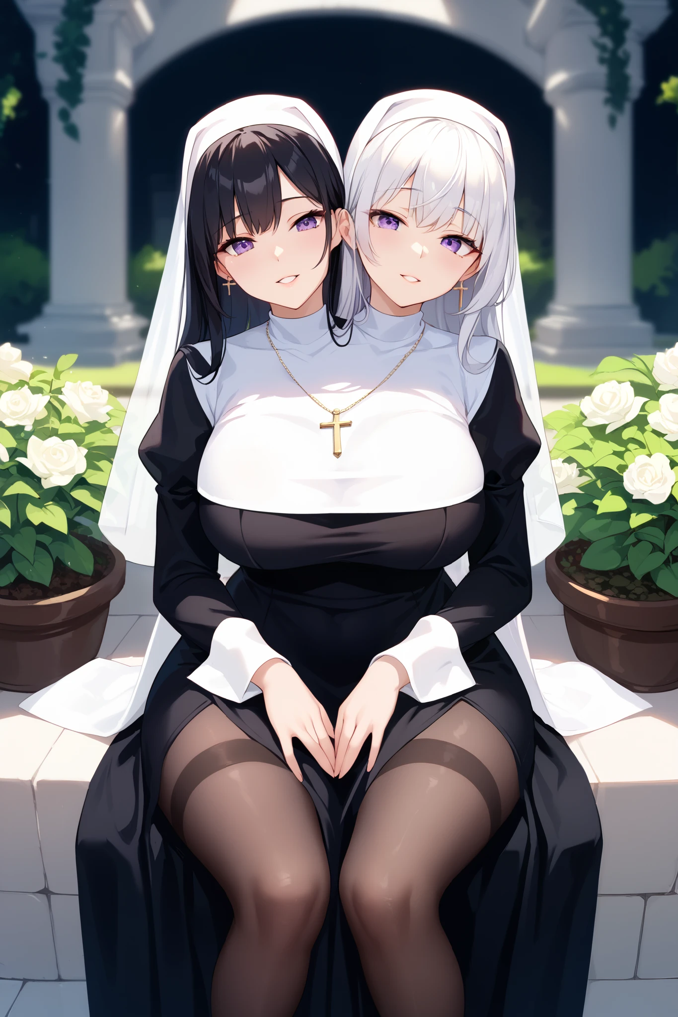 conjoined, 2girls, 2heads, two heads, a tall thin girls with 2 heads, white hair, black hair, purple eyes, large breasts, front shots, white nun clothes, pelvic curtain, black dress, long sleeves, cross necklace, garden, black veil, sitting