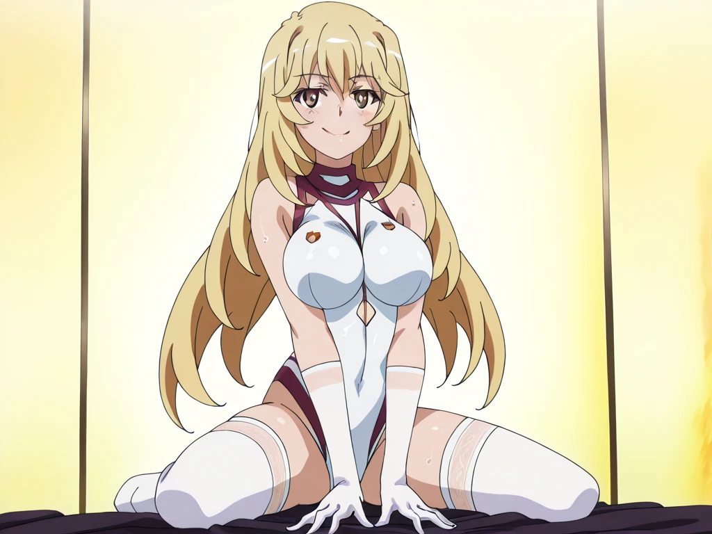 standing, sexy pose, dress, brown cross-laced footwear, cleavage, black ribbon, clothing cutout, juliet sleeves, white thighhighs, garden background, Satellizer L. Bridget, anime cels style, best quality, high resolution, (huge breasts:1.2), cowboy shot, blush, smiling, blonde hair, long hair, blue eyes, semi rimless eyewear