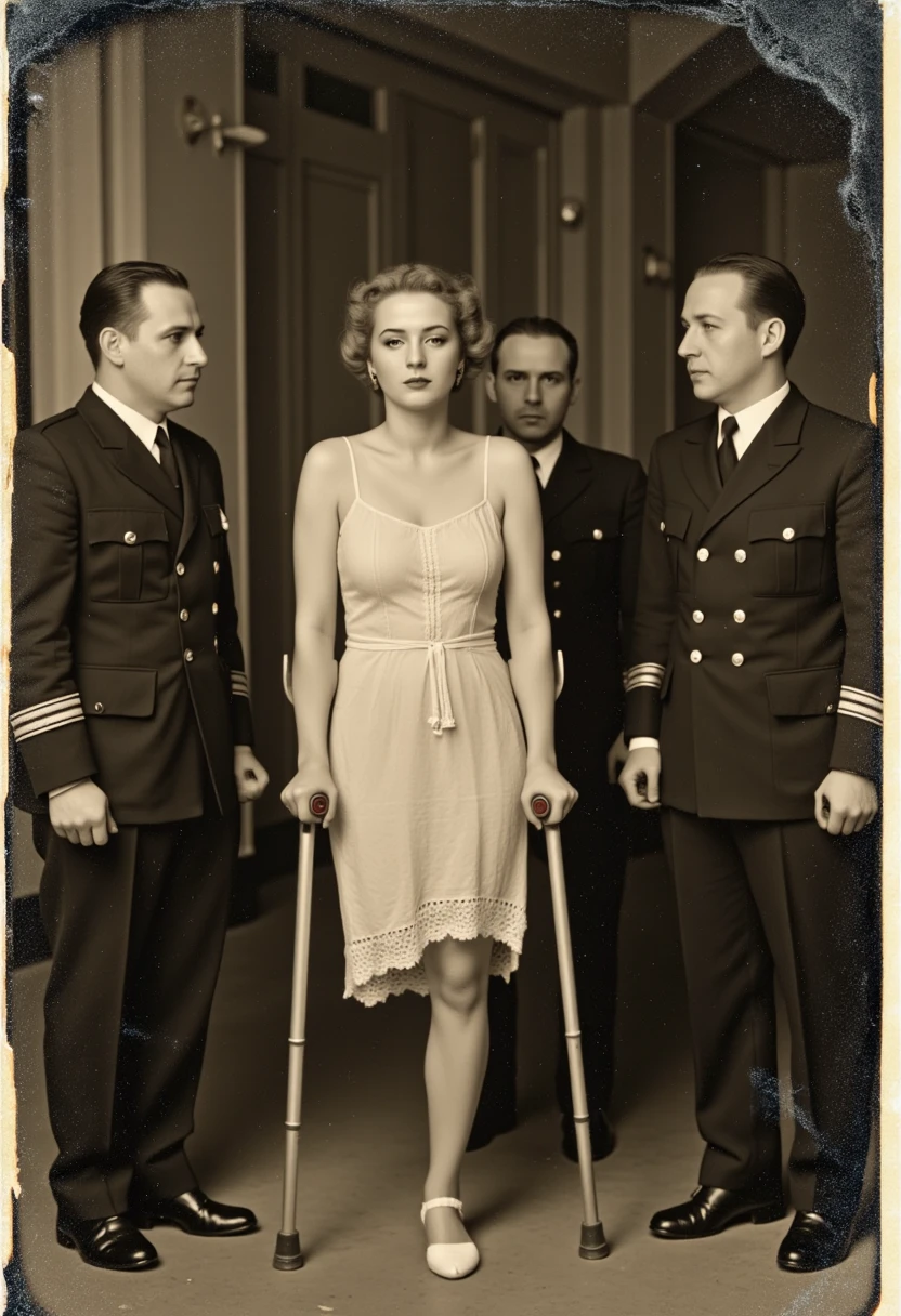 Sepia daguerreotype photography, grainy effect, damaged vintage photography. Processed photo, wrinkles on the image; scratches.  Darkened image.  The balance is white and brown. Best quality, 16K, high resolution, masterpiece: 1.37), super-detailed (realistic black and white photography with a Praktiflex lens. Photorealistic image: 1.57), deep sharpness, cinematic lighting. Prison. The woman's leg was amputated recently, and the scars on the stump of her thigh from amputation are visible. The woman has one leg, she doesn't keep her balance well.   The women are dressed in a transparent nightgown. He's wearing an old leather slipper and a  white sock. The shirt has holes and is torn in some places. The chemise hugs the stump of the thigh .The  SS interrogate the woman. They're yelling at the girl.