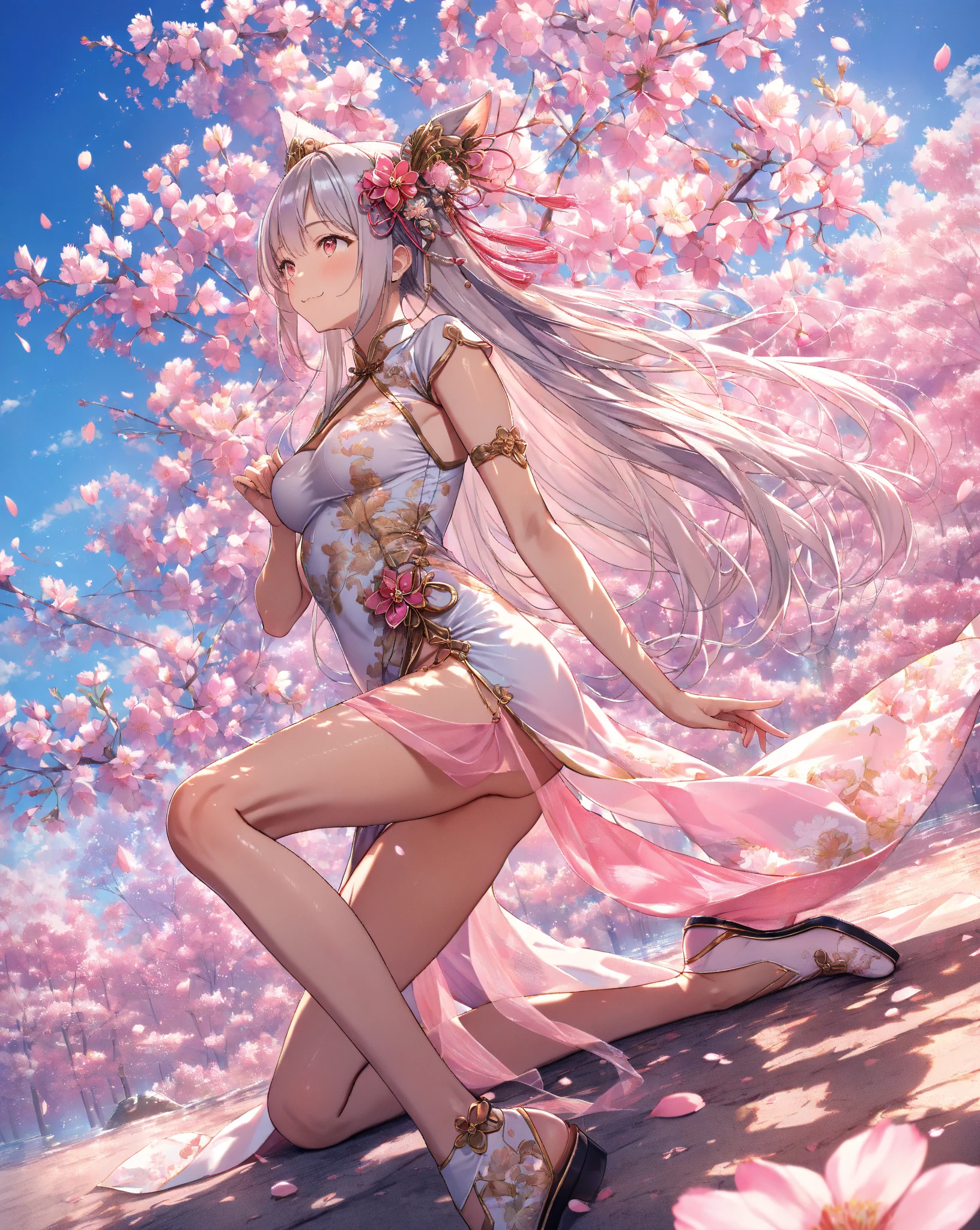 jiezuo, fully body, Delicate face, white hair, Pink and white clothes, Delicate and small hands, Shoes with gold wire trim, ribbon, mask, 4k, super detail, high details, best quality, textured skin --auto --s2
