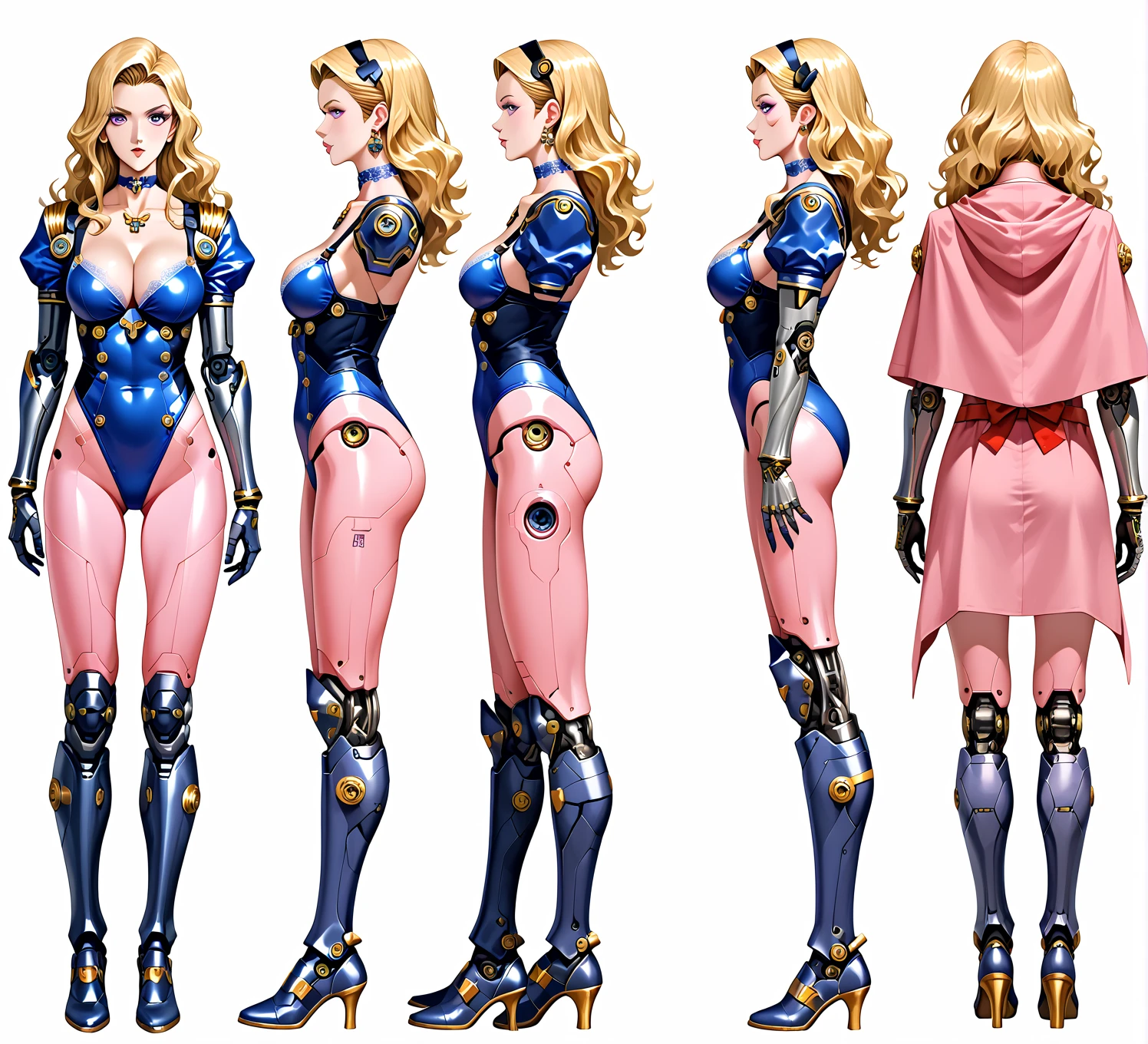 ((masterpiece)),(((best quality))),((character design sheet)), ((flat color, plain color)),concept, poses, masterpiece, best quality, highres, 1girl, apocalypse mercenary female, (blonde hair:1.2), pompadour hairstyle, long hair, visible forehead, military gear, blue eyes, black ((black tube bra:1.1)), (black crop top), ((visible underboob)), green snake pants, large breasts, standing, blank background ,chara-sheet