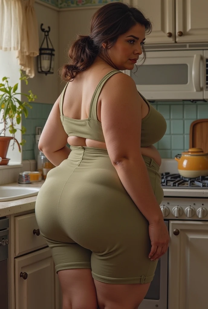 A back wiew photo of a young beautiful redhead bbw with long wavy ginger hair soft fat belly, wide fat obese hips, thick fat legs and fat arms, freckles, in a green yoga pants and yoga top, looking out of the window in a modern living room in sunset
