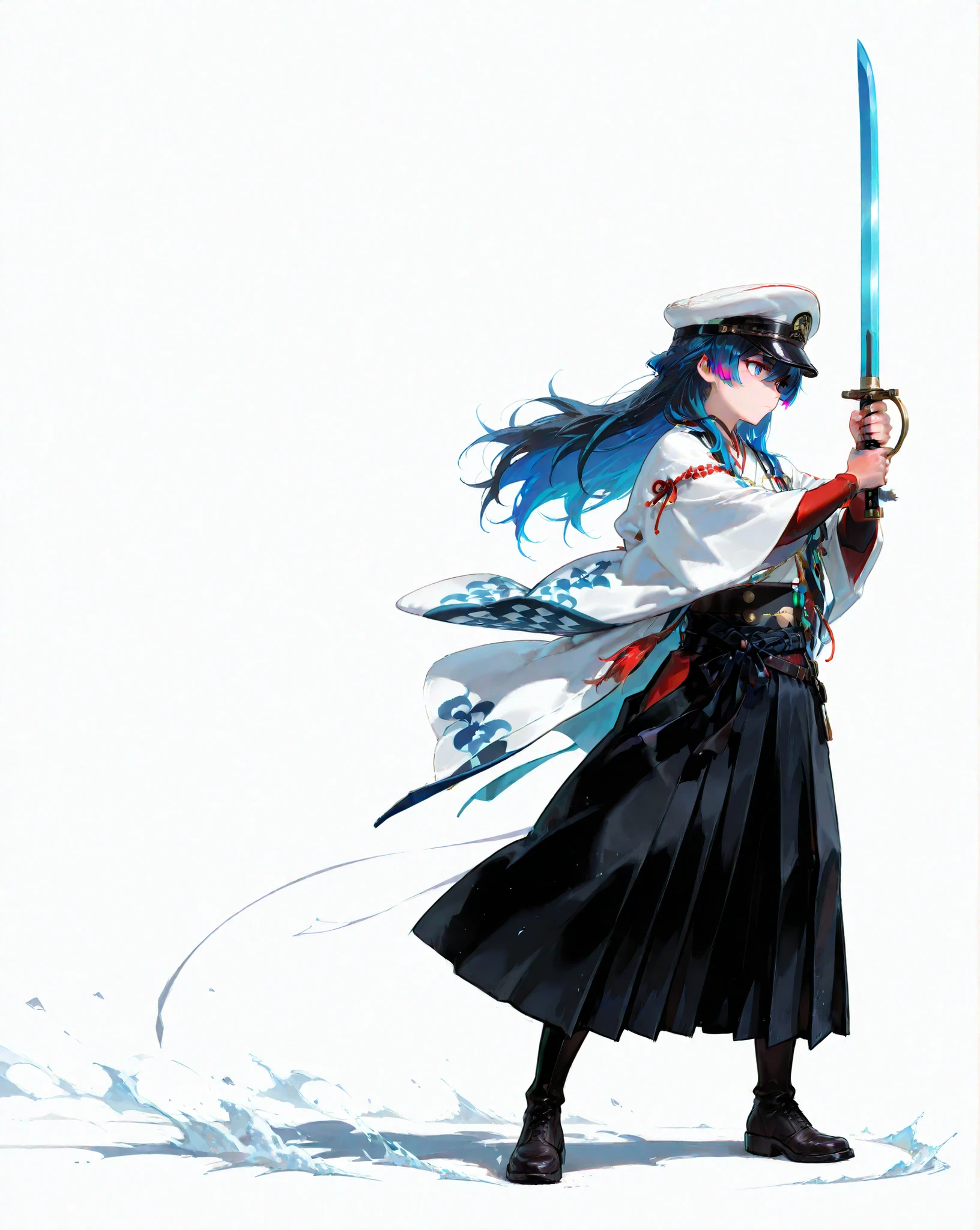 great details、high image quality、simple background、full body、 Hair Color Random 、Long sword、Bright clothing、Hakama、military cap、battle scene、Haori