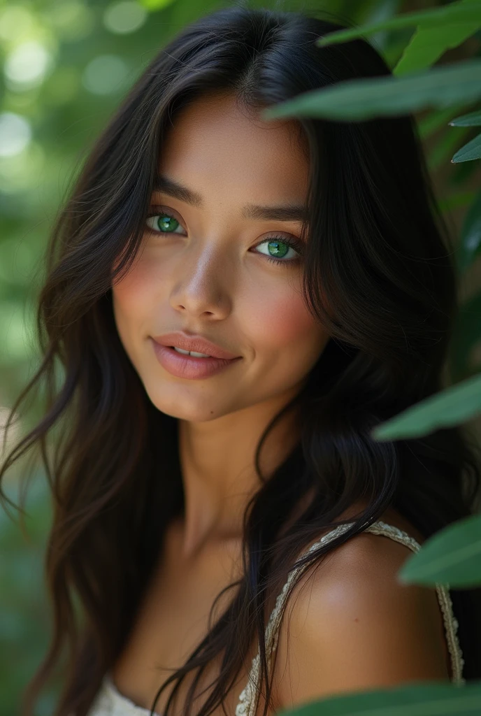 A realistic photo shot of a head face , 19 year old girl who has  bright green eyes. Her look could be a beauty of Suriname Actress. 