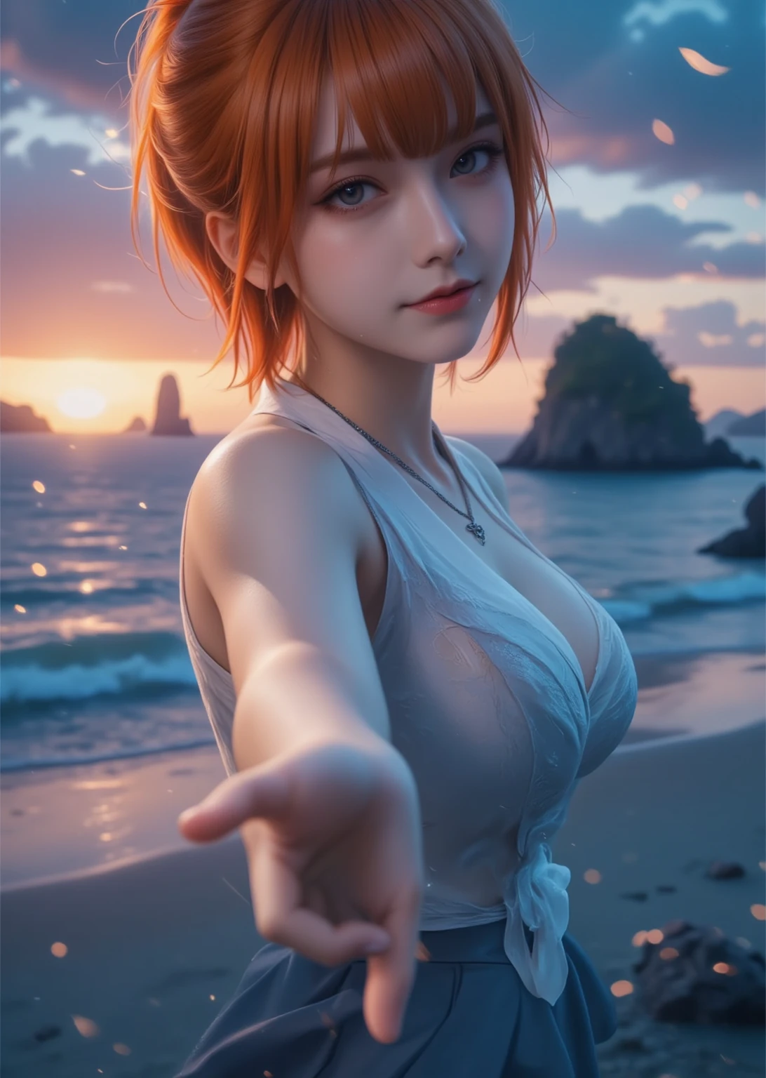 micro clothing, Erotic, beautiful, exquisite, sensual, ultra high definition, highest details, 8K, absurdres, giga pixel, volumetric lightings, focus on face, tempting smile, Dragonball cinematic universe, sideboob, light tracing, tournament of power, glistening realistic skin