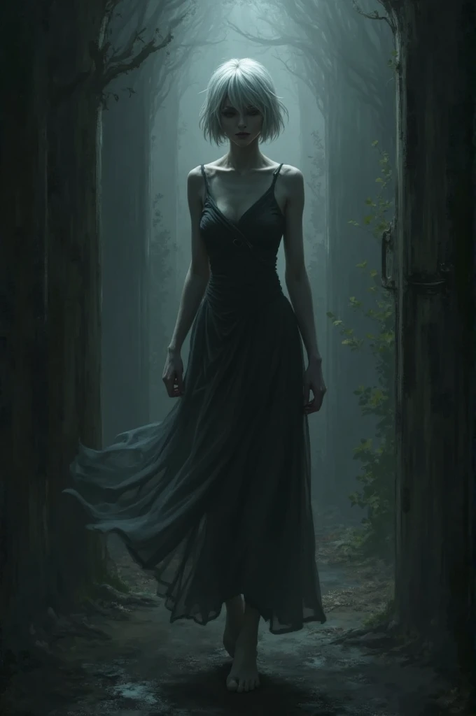(((classical oil painting))), (((candid))), 1girl, ((short cute shy stocky gymnastic blonde Dutch Emo-girl stepping cautiously through creepy woods)), ((braless)), ((wide-open blouse)), (((detailed nipples))), ((shocked)), ((pert medium breasts)), (very-short emo-cut hair with severe undercut), ((turning)), ((side view)), ((frown)), ((dimples)), ((dark area in background)), ((spotlight flashlight beam)), ((dark mass of blurred ghostlike crowd-faces)), (((soft hazy dim light))), Intricate textures, (high detailed skin:1.7),