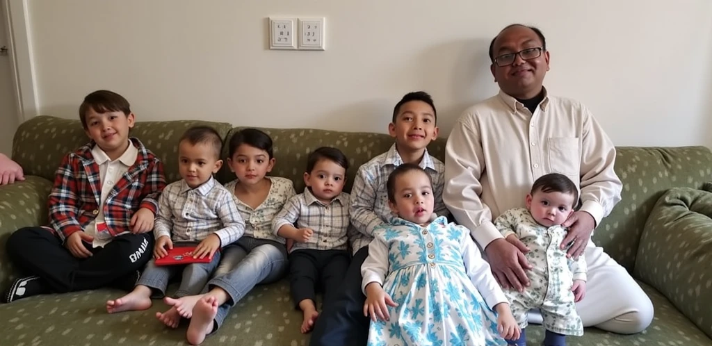 A South American man with four children: A baby on the lap, A 6 year old boy, a 3 year old child and a teenager