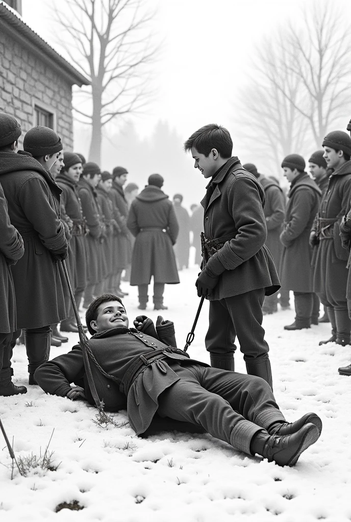 A boy is lying in the snow next to a fallen **horse**, having fallen off it. The **saddle** slipped under him, and despite grabbing the bridle, he could not hold himself up. His clothes – a **dole** – are trapped under the horse, so he has difficulty getting up. His face reflects pain and disappointment, he is crying in the cold. The **bride** – – stands next to him, at first **trying to smile** because the people around him are laughing, but finally **smiles**. He is wearing a simple, old-style dress, perhaps with a **scarf on his head**. here is a crowd surrounding them,, some are laughing, others looking surprised. The image should be **black and white, realistic**, as if it were an **illustration from an old newspaper article**. The characters' faces are clearly visible, and the details are finely crafted to make the 19th century Hungarian village environment authentic
