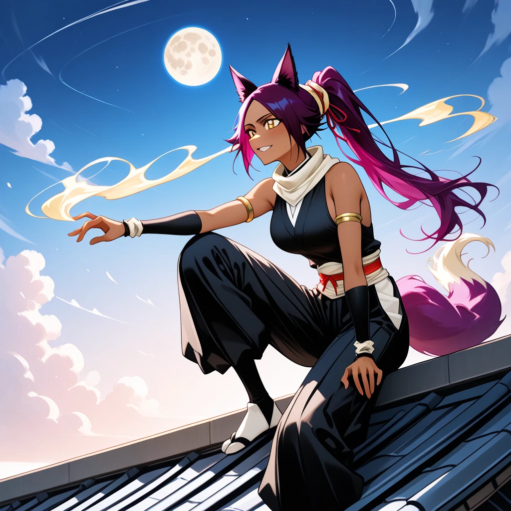 mature female, ninja, purple hair, dark skin, cat ears, small breasts, flat stomach, slim waist, large hips, thick thighs, on all fours, seductive face, dark wood background, moonlight, mesmerising full moon