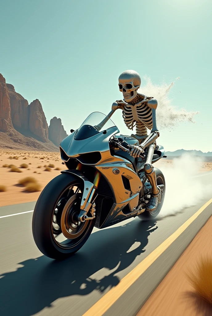 A striking 8K colored ink illustration of a female skeleton dressed in a strapless blouse and leather skirt, riding a sleek and modern racing motorcycle. Her hair, also in the skeleton theme, flows in the wind as she speeds down a road. The background is a crisp white, emphasizing the vibrant colors and details of the skeleton character and her motorcycle. The overall atmosphere is a mix of edgy and artistic, with a touch of supernatural flair.