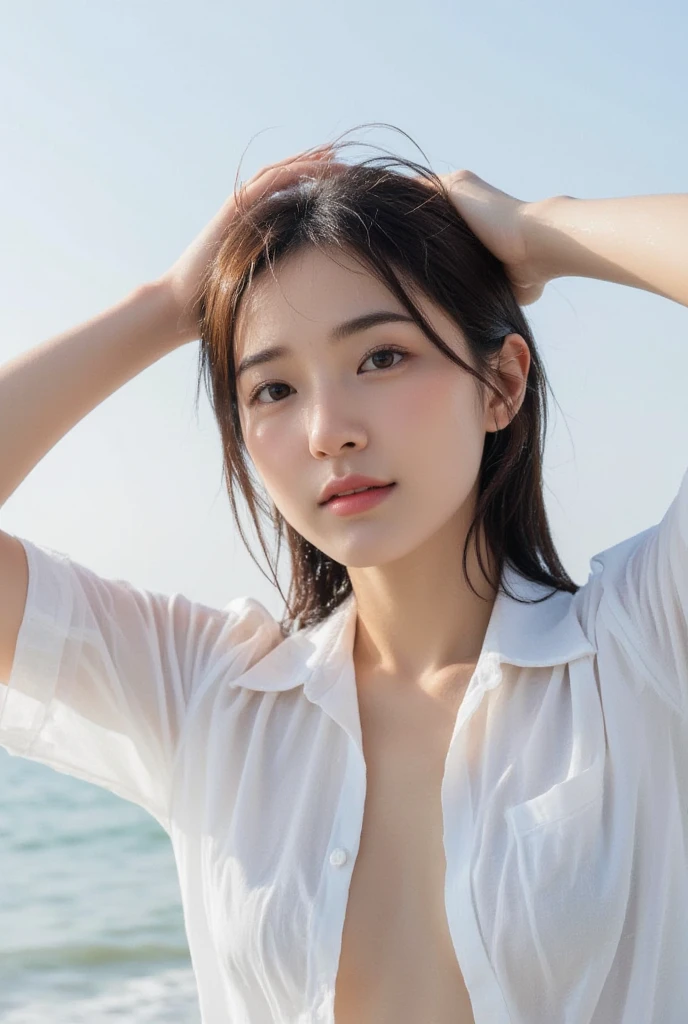 Highest quality、Japanese women、The most beautiful woman in the world、sexy、Brown Hair、Long Hair Style、Small face、Beautiful skin、Ocean、beach、Large breasts、White and black shirt、Crying face
