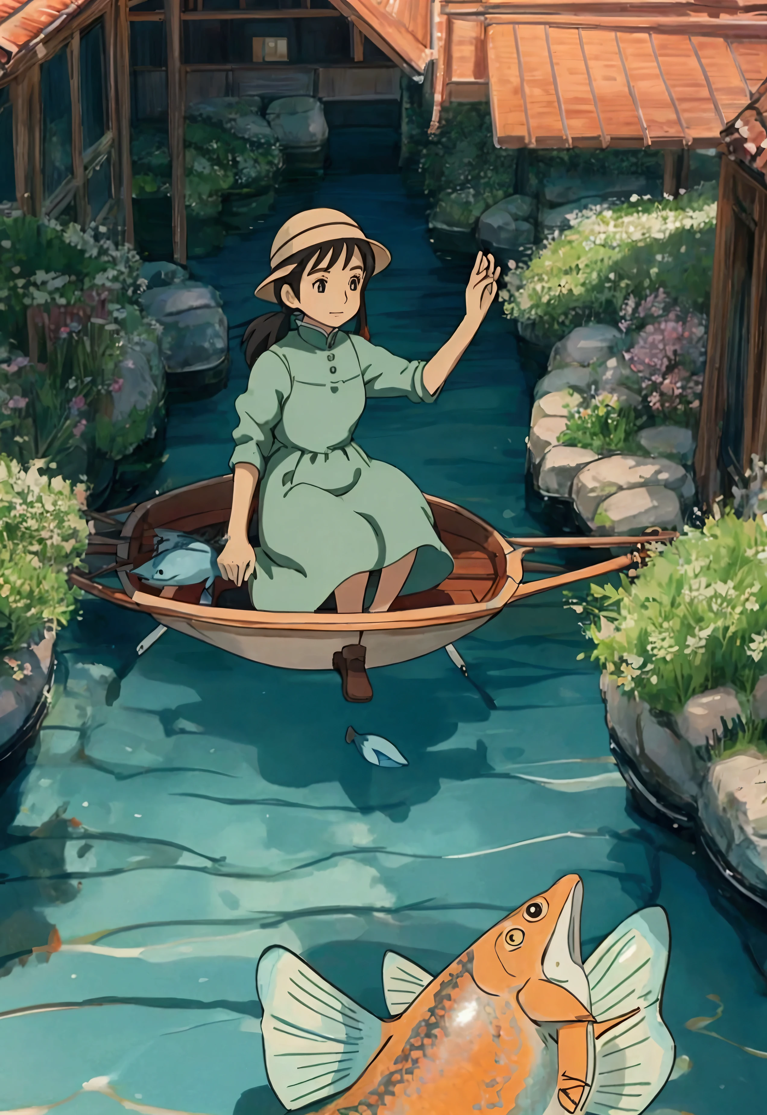 Ghibli In the water Girl riding on a fish surrounded by fish
