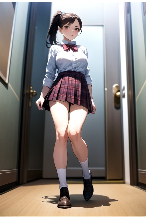 (((((Dildo on the floor:1.5, standing, spread legs:1.5, Point your knees outwards:1.5 ) behind head,spread legs, Push your hips forward,pussy juice , Voluptuous body, Slut、No pants, (Dildo on the floor, standing, spread,arms behind head, Point your knees outwards:1.5, Sweat,)))), Realistic composition, Doujinshi scene,, Big Thighs, Pleated skirt, White Shirt, Angry face, blush, from below