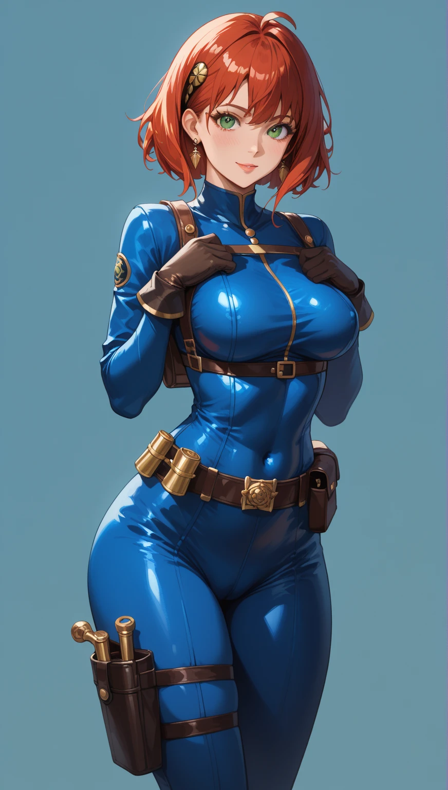 Joanna Dark,solamente,pelo corto,ojos azules,Pelo rojo, leaning forward,  sonrojarse
Chaqueta corta azul, bodysuit,Guantes,Guantes sin dedos,escote sin cremallera, 
En pie, Parte superior del cuerpo, They are smiling,  dientes, cerrar, 
Crucero, Noche, Estrellas, 
(Stunningly Detailed, Hermosa cara detallada, hermosos ojos detallados, Obra maestra, La mejor calidad)