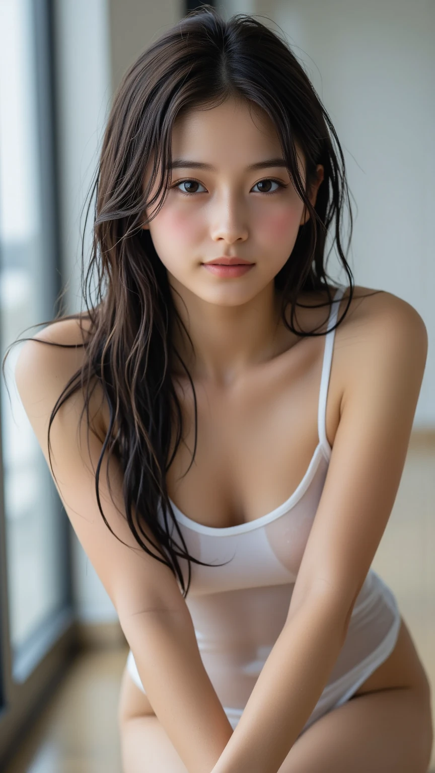 (8K, RAW Photos, Highest quality, masterpiece: 1.4), (Realistic, photoRealistic: 1.4), Super detailed, Ultra-high resolution, One Girl, Beholder, Beautifully detailed face, smile, (Slim waist: 1.0), Beautifully detailed skin, Skin Texture, Floating Hair, Professional Lighting, Middle Chest, Kind eyes,(small wet breasts:1.6), (beautiful nipples:1.5),(undressing:1.7), (white bikini:1.0), (law panty:1.5), (sleeveless blouse:1.2),(Feather Cut:1.0),