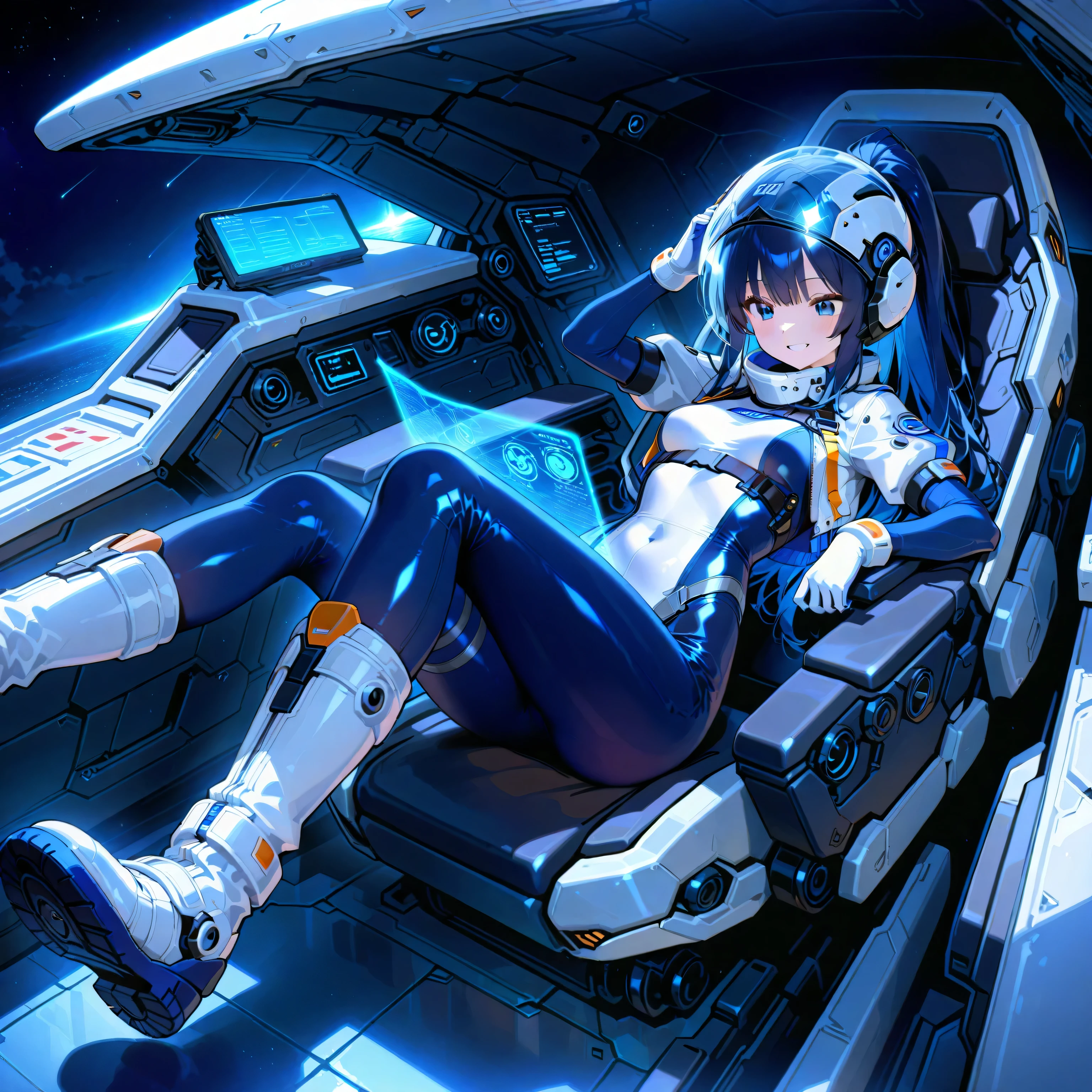 Astronaut, sitting on a moon-like surface, with a spaceship in the background, wearing a silver-white spacesuit, holding a tablet with stargazing data, smiling at the vast, starry sky, with a subtle glow of Stellara-infused light around her, gentle crater dust on the surface beneath her feet, low angle of the setting sun casting a warm glow, deep blue and purple hues of the sky, few scattered stars in the sky, NASA-style logos on the spaceship's hull, soft Earth glow on the horizon