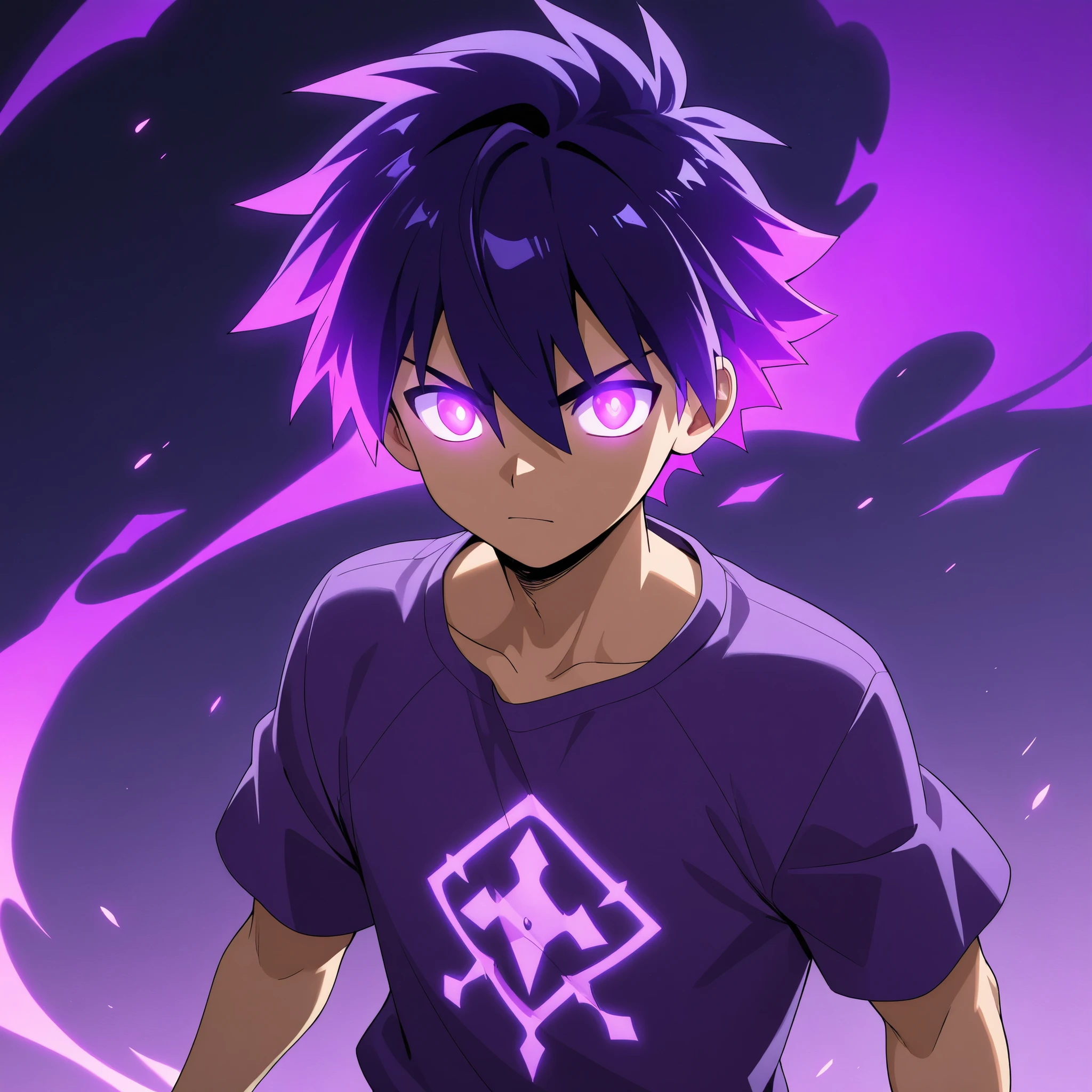anime boy, handsome, purple glowing hair, High Resolution, purple colarshirt, glowing eyes, 4k Resolution, HD quality, solo