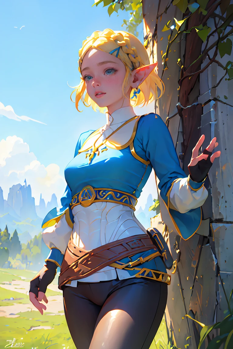 jambes grasses, gros seins, sourire, (extremely fine and beautiful:1.1), (perfect details:1.1), (finely detailed eyes and detailed face:1.3), Princess Zelda, narrow hips, slender thighs, small ears, pointy ears, braid, hair ornament, hairclip, gloves, fingerless gloves, blue shirt, shirt, long sleeves, crown braid, bangs, pants, black gloves, green eyes, parted bangs, black pants, blonde hair, short hair, long hair, cape, sidelocks, hood, thick eyebrows, jewelry, hooded cape, belt, tight pants, tight, puffy sleeves,