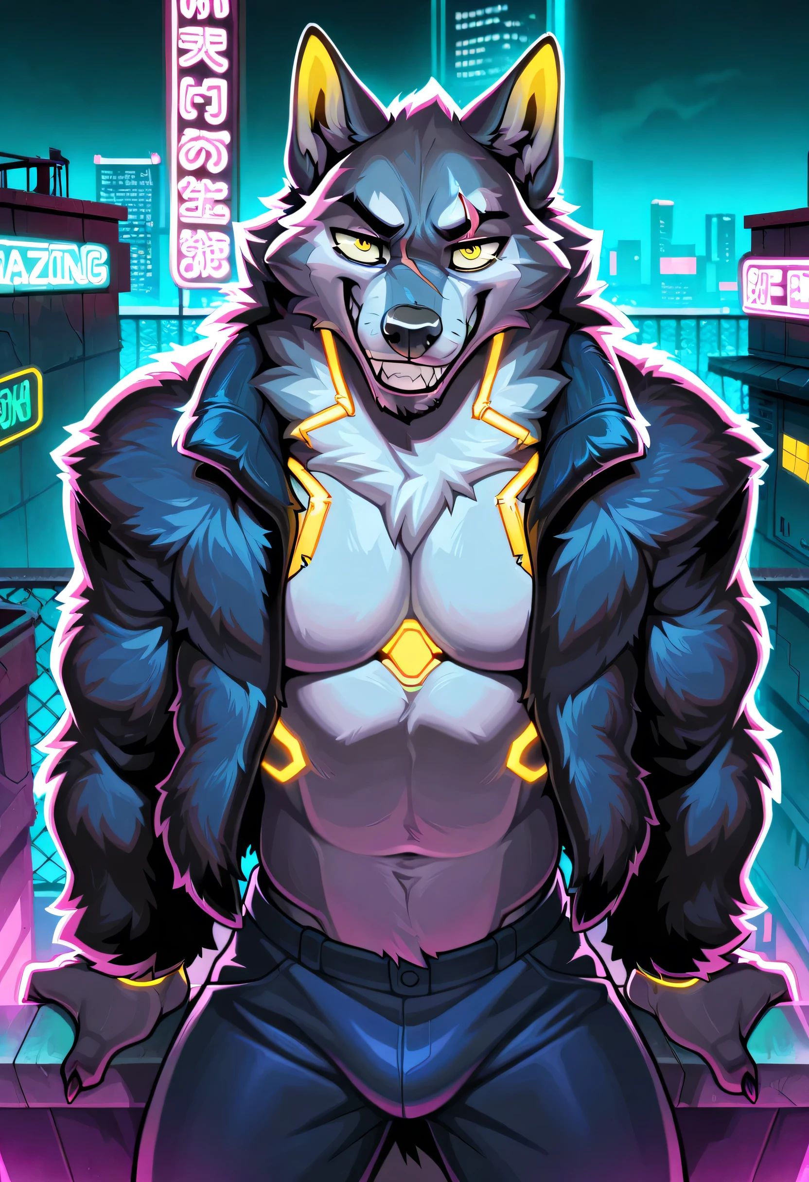 masterpiece,best quality,amazing quality, absurdres male, solo, anthro, wolf, fur jacket, yellow eyes, facial scar, grin, masculine, rugged, rooftop, outside, cyberpunk, neon light, portrait, sfw, pants, looking at viewer