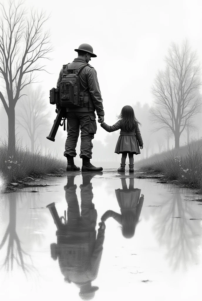 realistic pencil drawing of a man in long pants carrying his wife on his back through a forest path
