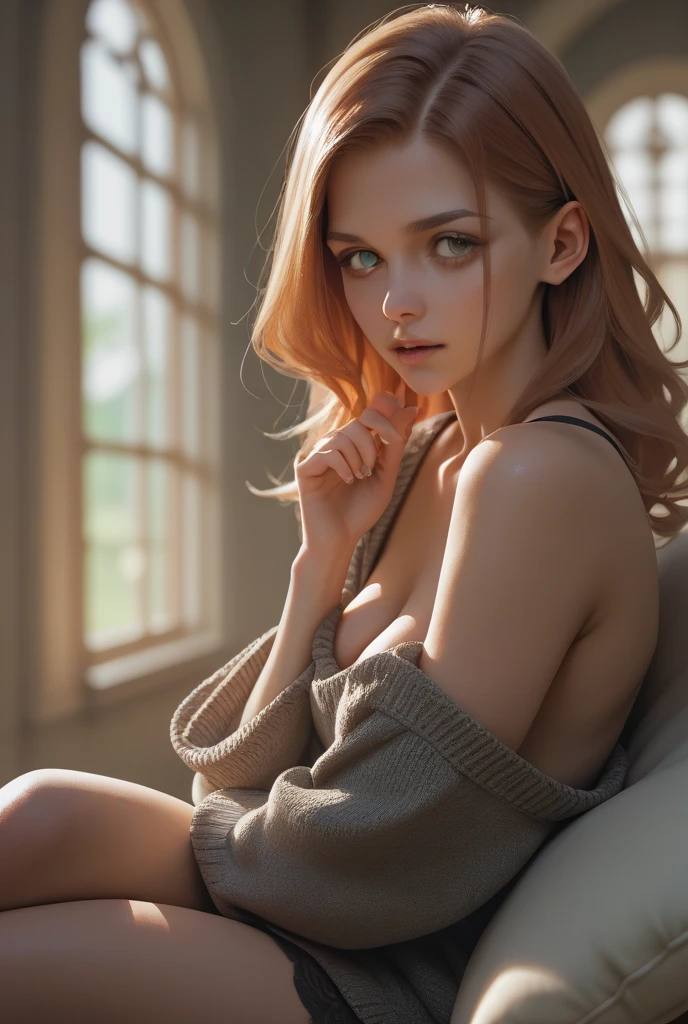 Ultra-realistic 8K CG, masterpiece, ((Highly detailed background, Delicate pattern, Intricate details)), Highest quality, Intricate detailss, chromatic aberration, 1 girl, Long Hair, Blonde, disheveled curly hair, Red highlights, Stunningly beautiful sparkling blue eyes, Sharp eyes, Symmetrical eyes, Sky blue panties, Private house, Lying on a dark staircase, Seductive pose, Modestly exposed nipples, Dimmed orange lighting, Large shirt, Off the shoulder, whole body, Sheer white shirt, masterpiece, Highest quality