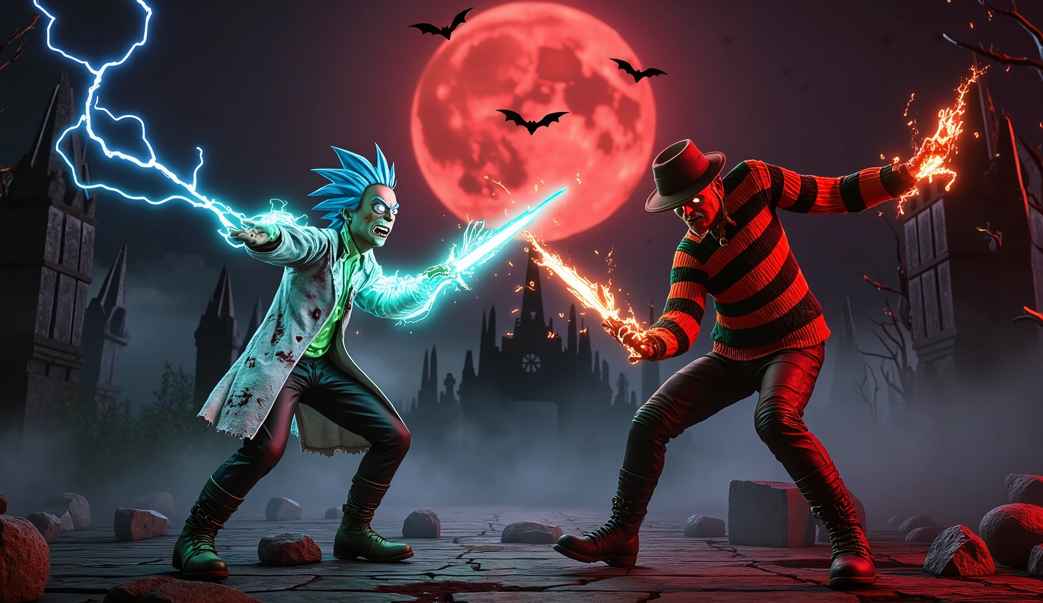 (best quality, 128k,highres,masterpiece:1.2),ultra-detailed,(realistic,photorealistic,photo-realistic:1.37), ((masterpiece)) ((photography)) ((Highest quality)) Ultra-realistic, highly detailed Mortal Kombat-style fight scene
Rick Sanchez (Rick and Morty) vs. Freddy Krueger in a brutal, high-intensity battle
Rick Sanchez wearing his iconic white lab coat, slightly torn and stained with blood and dirt. His spiky blue hair is disheveled, and he has a sinister grin on his face. He wields a futuristic power gauntlet crackling with blue energy and a high-tech plasma blade glowing neon green. His battle-worn face shows bruises, small cuts, and burns
Freddy Krueger dressed in his signature red and green striped sweater, torn and burnt at the edges. His brown fedora casts a shadow over his grotesquely scarred face. His razor glove is extended, dripping with supernatural energy. His bloodshot eyes glow menacingly in the moonlight. He wears stitched leather pants and worn-out combat boots
The battle takes place in a Gothic Nightmare Mansion, a huge gothic castle with towering spires, cracked stone walls, and iron gates. A massive blood-red full moon looms in the sky, casting an eerie glow. Giant bats circle overhead, screeching in the dark. Fog creeps along the floor, covering broken tombstones and twisted trees. Lightning flashes in the background, illuminating Freddy’s shadowy figure
HUD elements display health bars at the top of the screen, Rick's glowing neon blue, Freddy’s blood red. Special move meters charge up with electric sparks. The phrase "Round 2… FIGHT!" appears in bold, stylized Mortal Kombat font. Brutal effects include sweat, blood splatters, and sparks flying from every hit
Rick dodges with a teleportation device, leaving a neon blue afterimage. Freddy launches a nightmare-fueled slash, distorting reality around his glove. Sparks and blood erupt as they exchange powerful blows. Stone pillars crumble, bats scatter in terror. Dramatic lightin