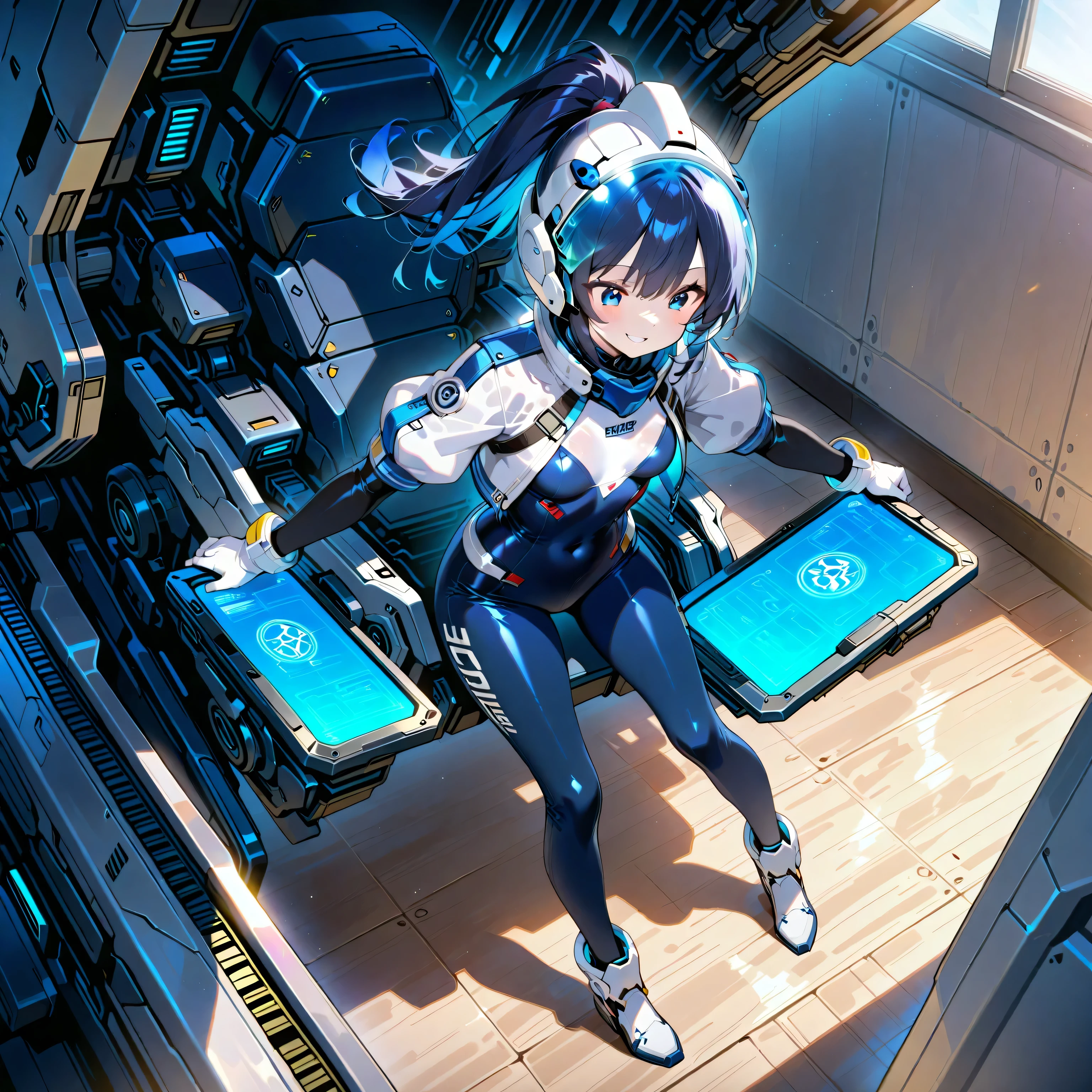 (aerial  view), Angle Dynamic, ultra detallado, illustration, primer plano, recto, 1girl, ((Rei Ayanami, auriculares de interfaz, traje blanco: 1.4, Turquesa)),His eyes shone like dreamy stars.,(ojos brillantes:1.233),(ojos hermosos y detallados:1.1),(inexpresivo, boca cerrada),(de pie), (Mechanics' room with tools and spacecraft window in a white spacecraft), (noche:1.2),Dreamy, [[delicados dedos y manos:0.55]::0.85],(detalle dedos),